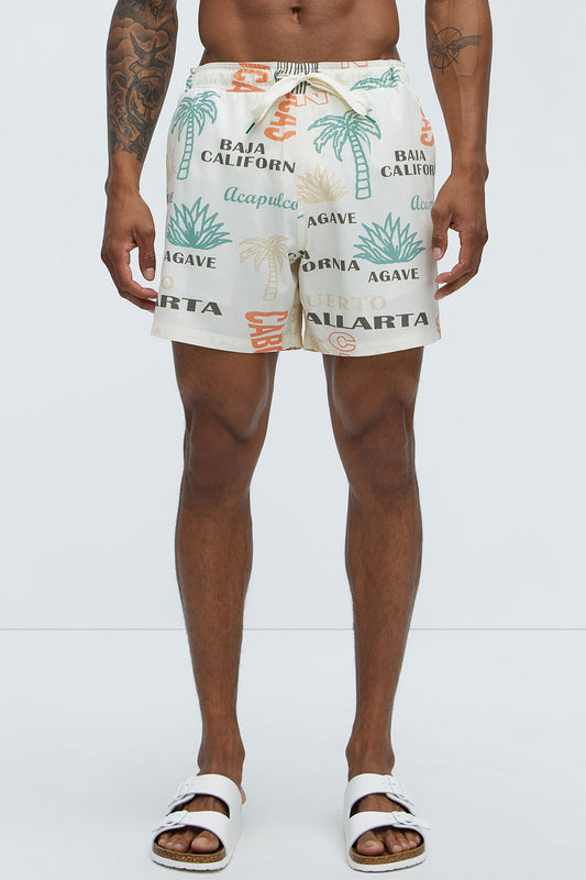Mexican Agave Swim Mid Trunk - Off White/combo