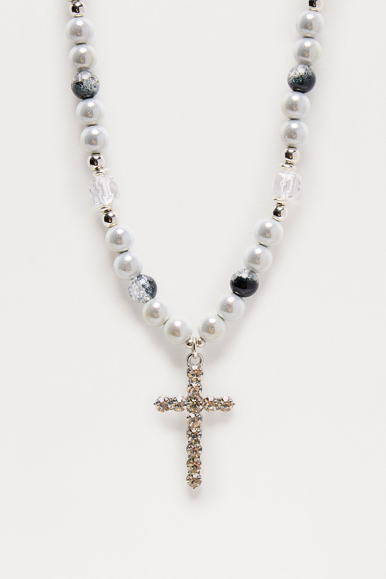 Palo Cross Pendant Beaded Necklace - Silver