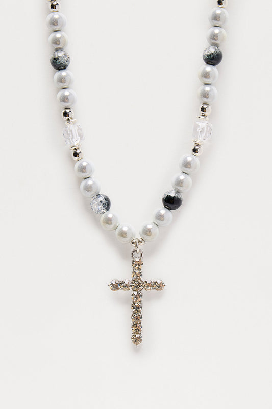 Palo Cross Pendant Beaded Necklace - Silver