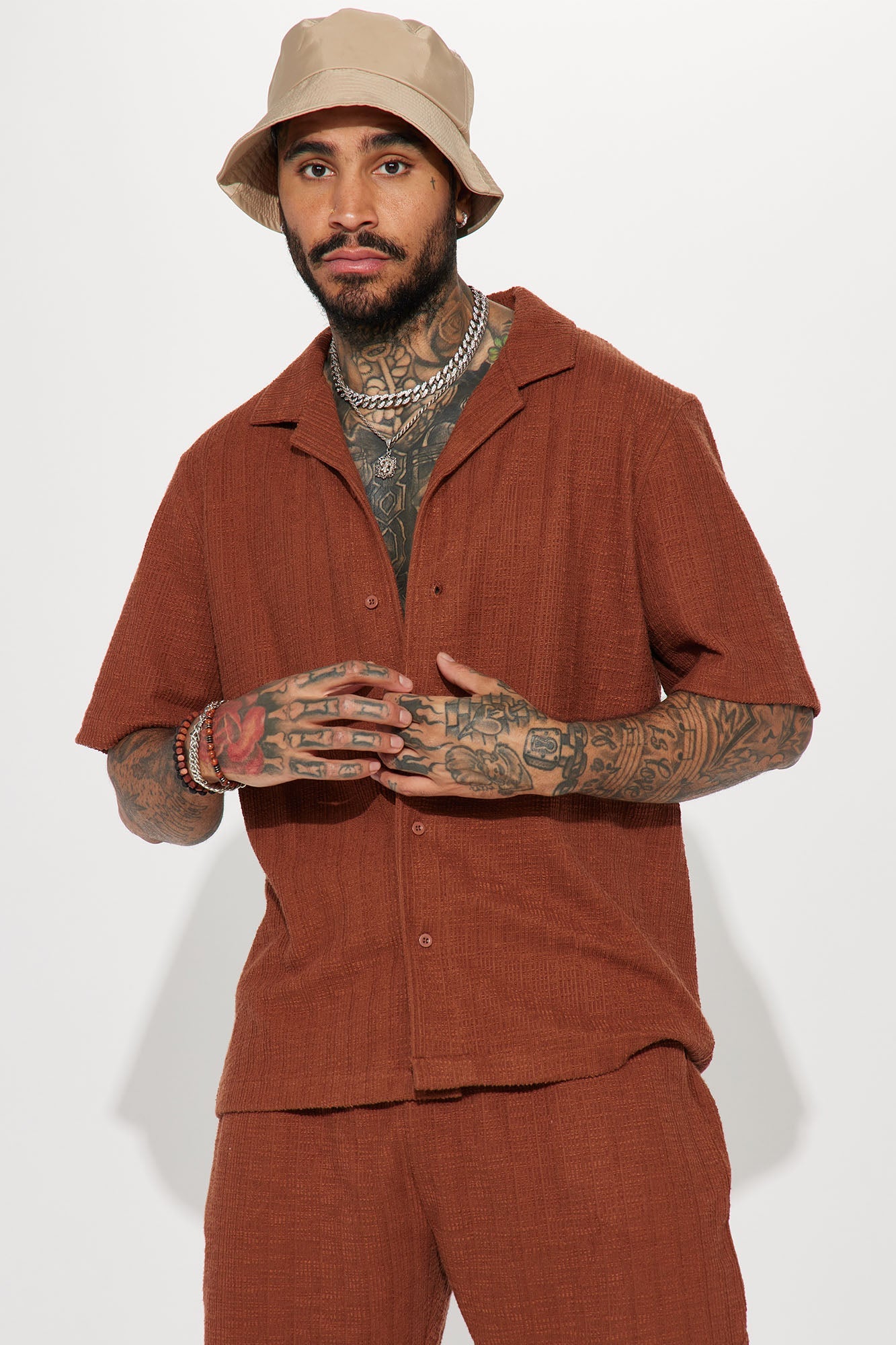 Dean Textured Short Sleeve Button Up Shirt - Chocolate