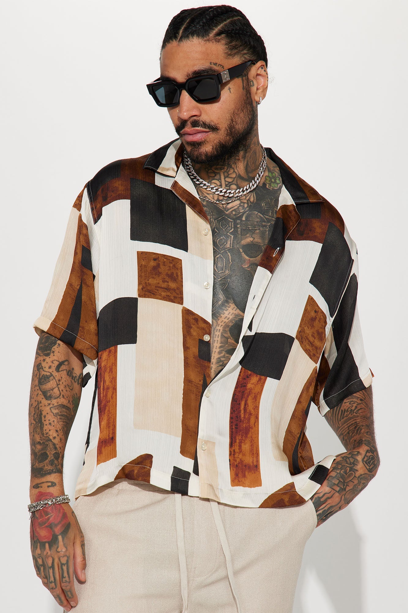 Classic Geometric Short Sleeve Button Up - Off White/combo