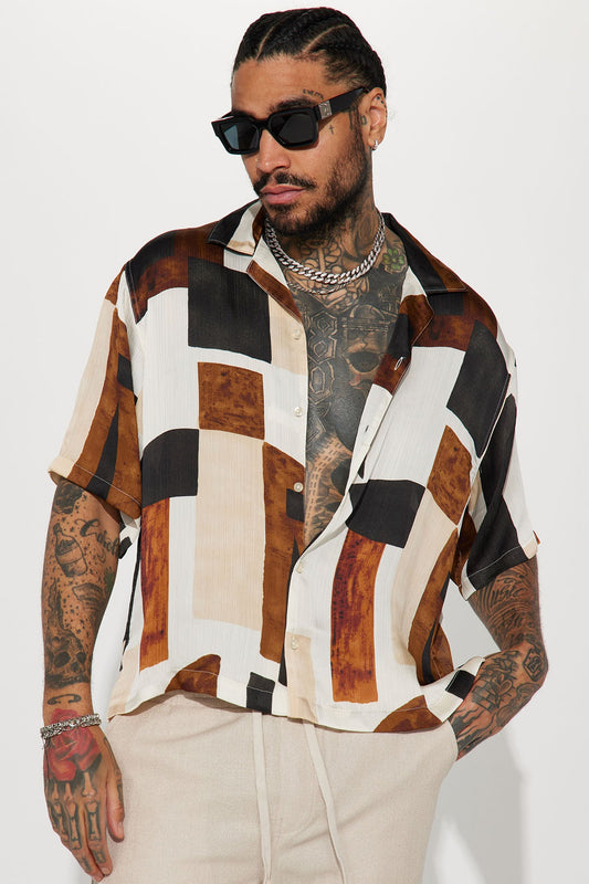 Classic Geometric Short Sleeve Button Up - Off White/combo