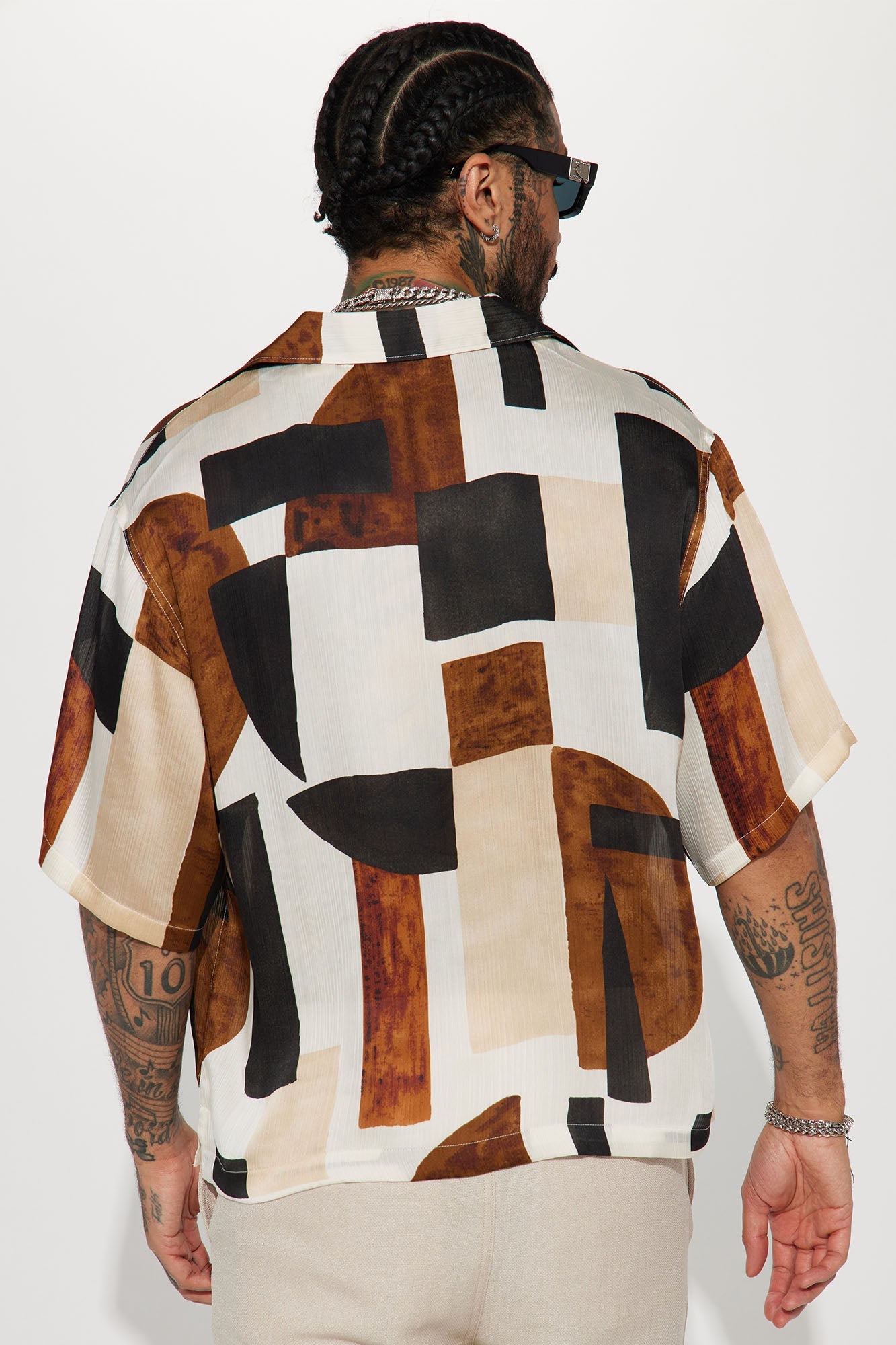 Classic Geometric Short Sleeve Button Up - Off White/combo