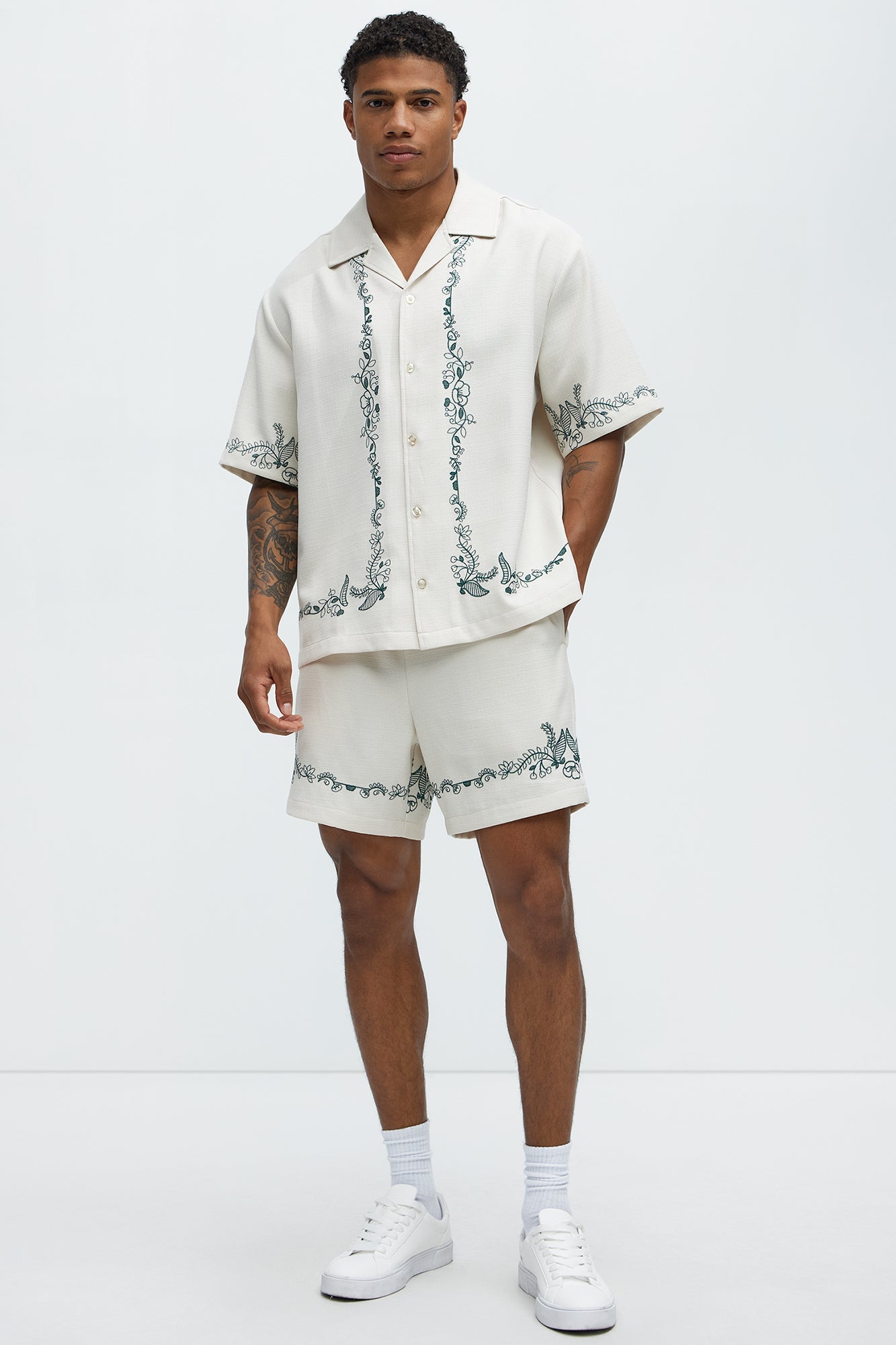 Vine Border Embroidery Cuban Shirt - Cream