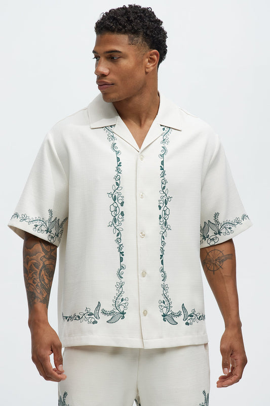 Vine Border Embroidery Cuban Shirt - Cream