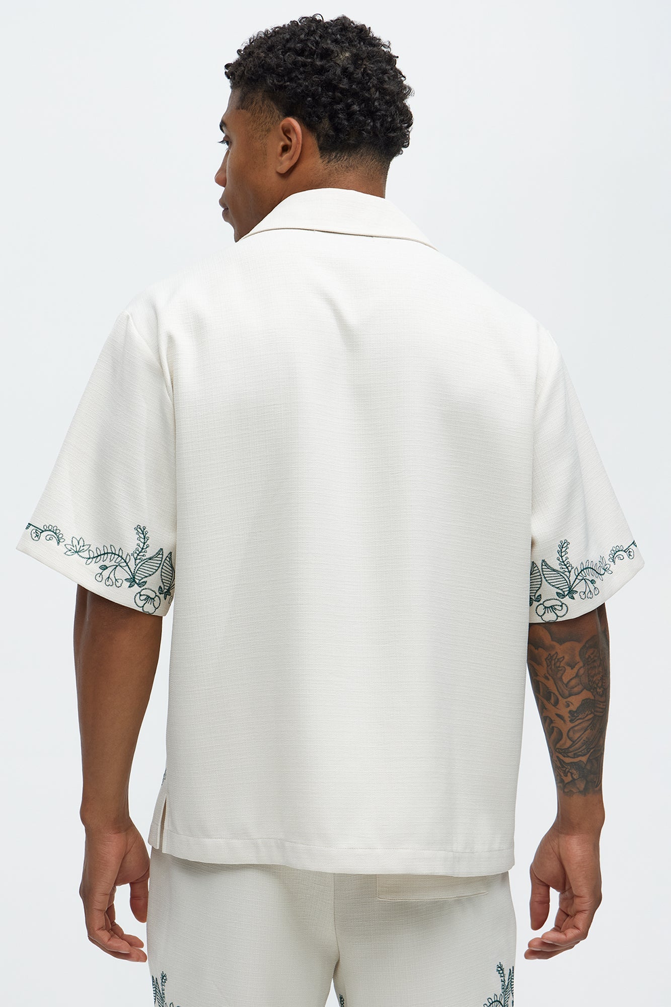 Vine Border Embroidery Cuban Shirt - Cream