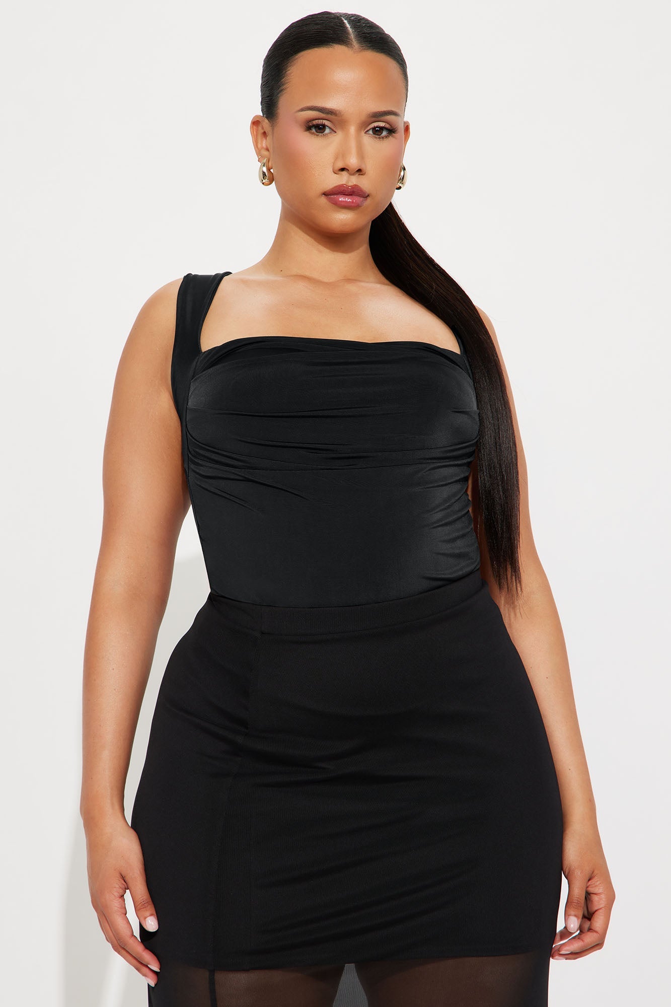Cute Demeanor Square Neck Ruched Bodysuit - Black