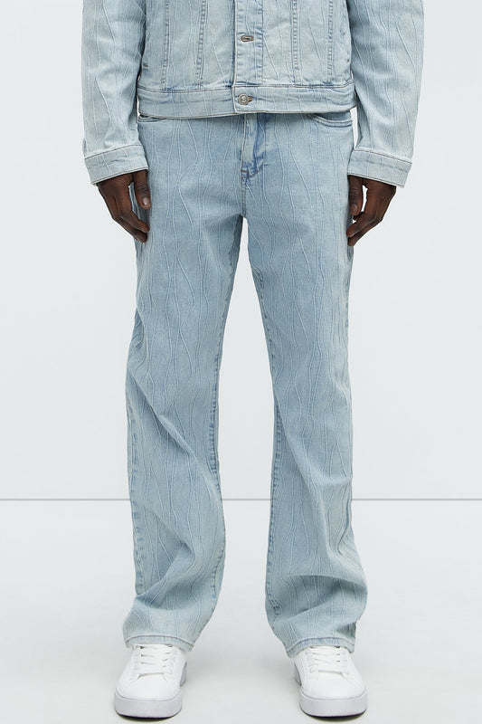 Wavy Jacquard Straight Jeans - Light Blue Wash