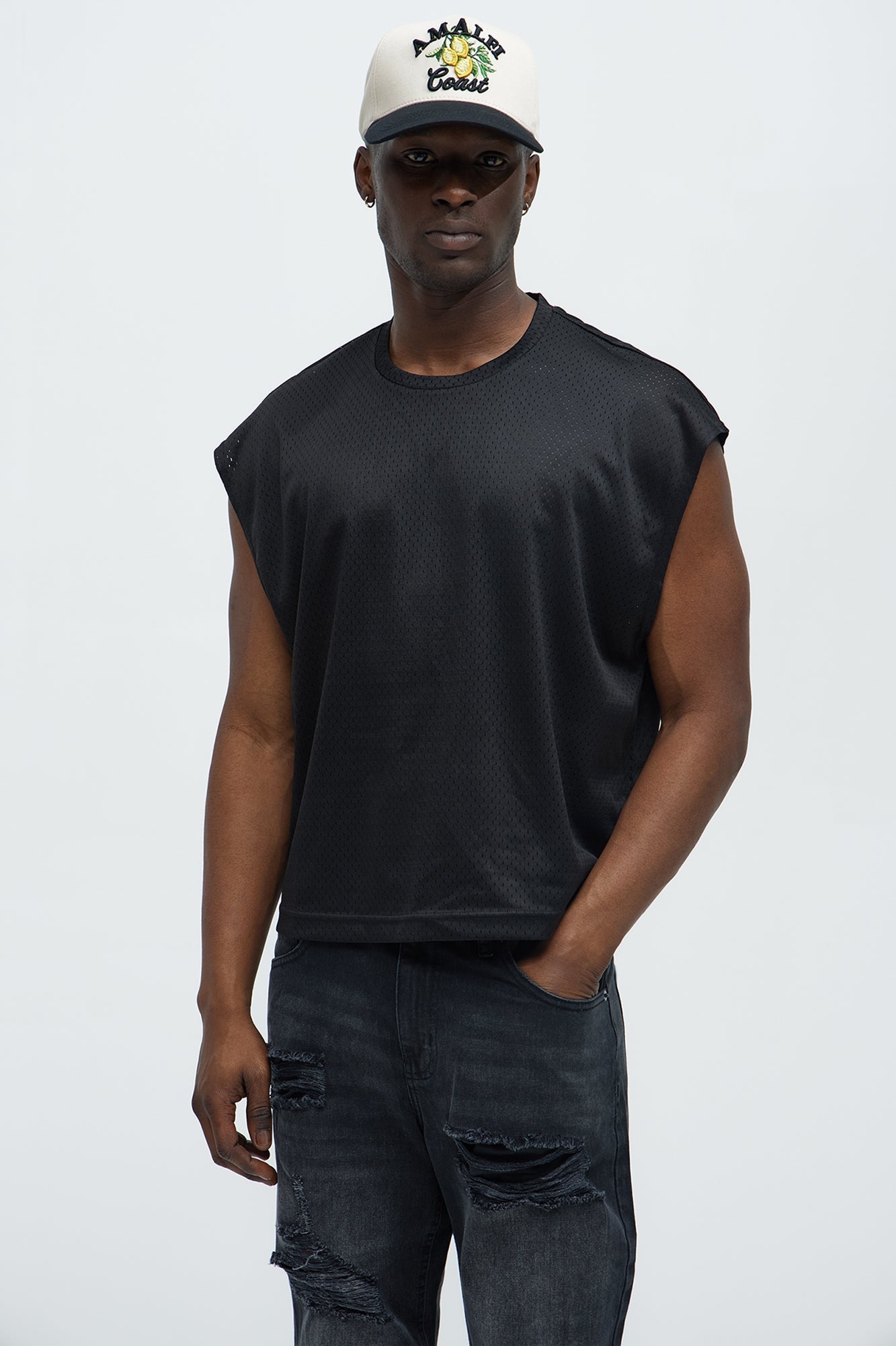 Boxy Mesh Sleeveless Muscle Tee - Black