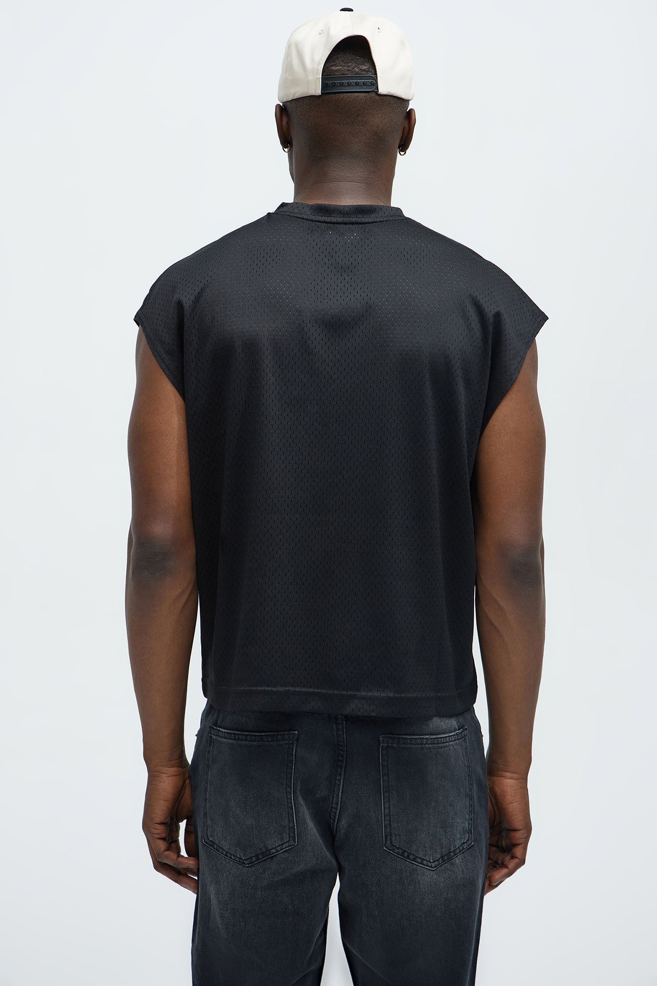 Boxy Mesh Sleeveless Muscle Tee - Black