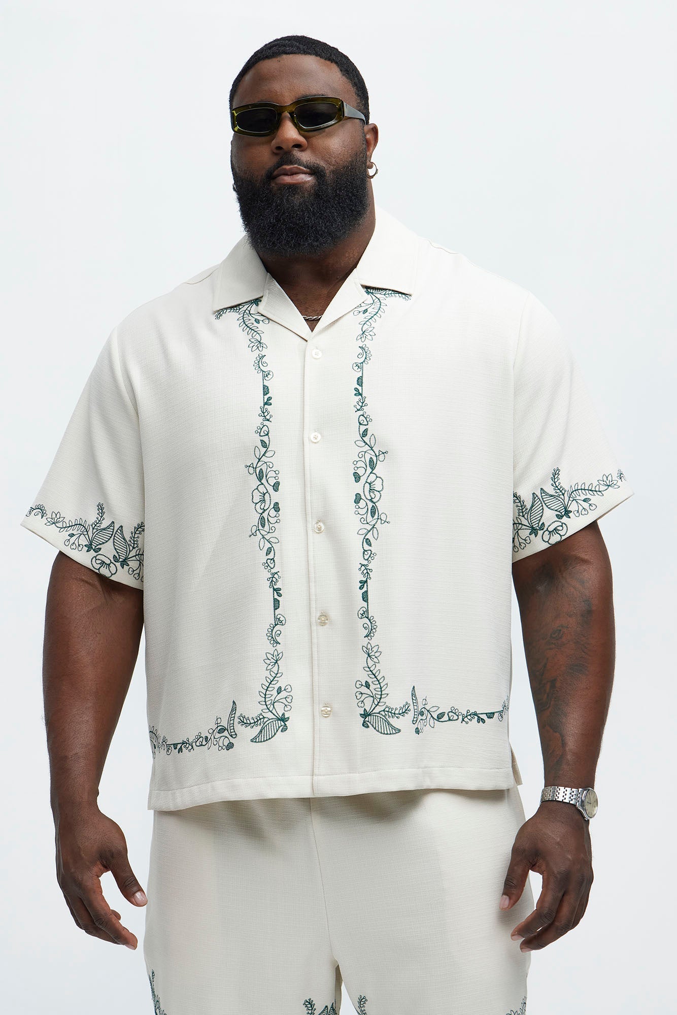 Vine Border Embroidery Cuban Shirt - Cream