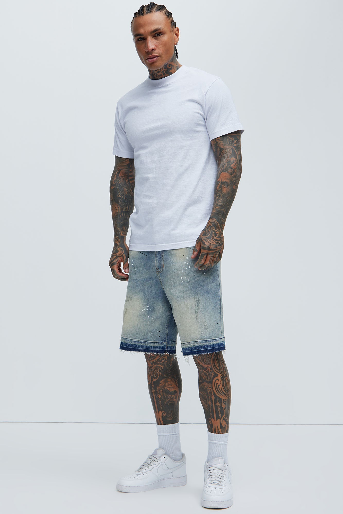 Splatter Skate Relaxed Denim Shorts - Medium Wash