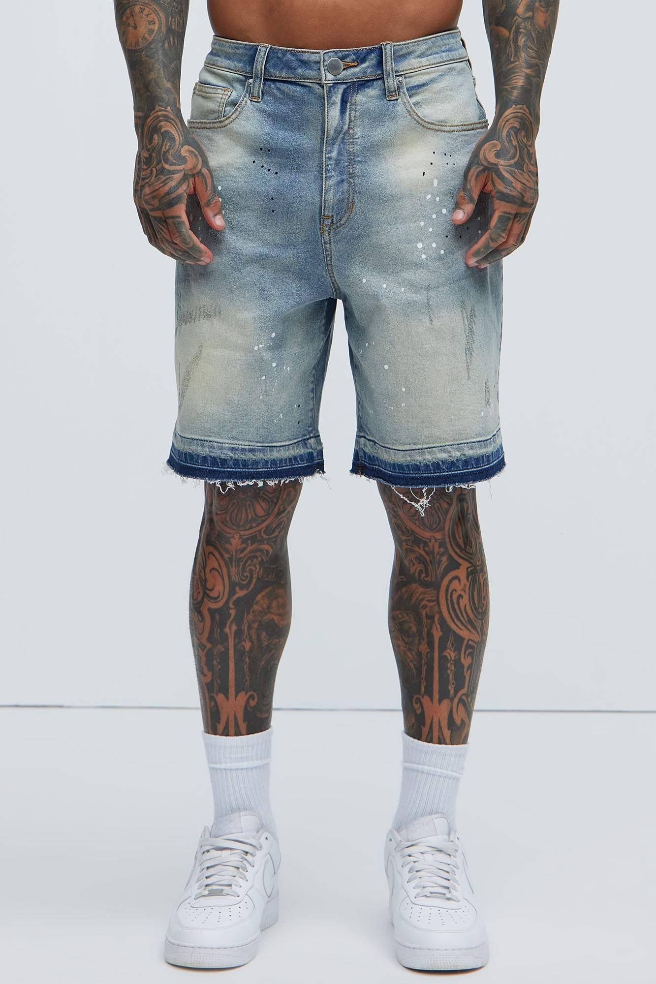 Splatter Skate Relaxed Denim Shorts - Medium Wash