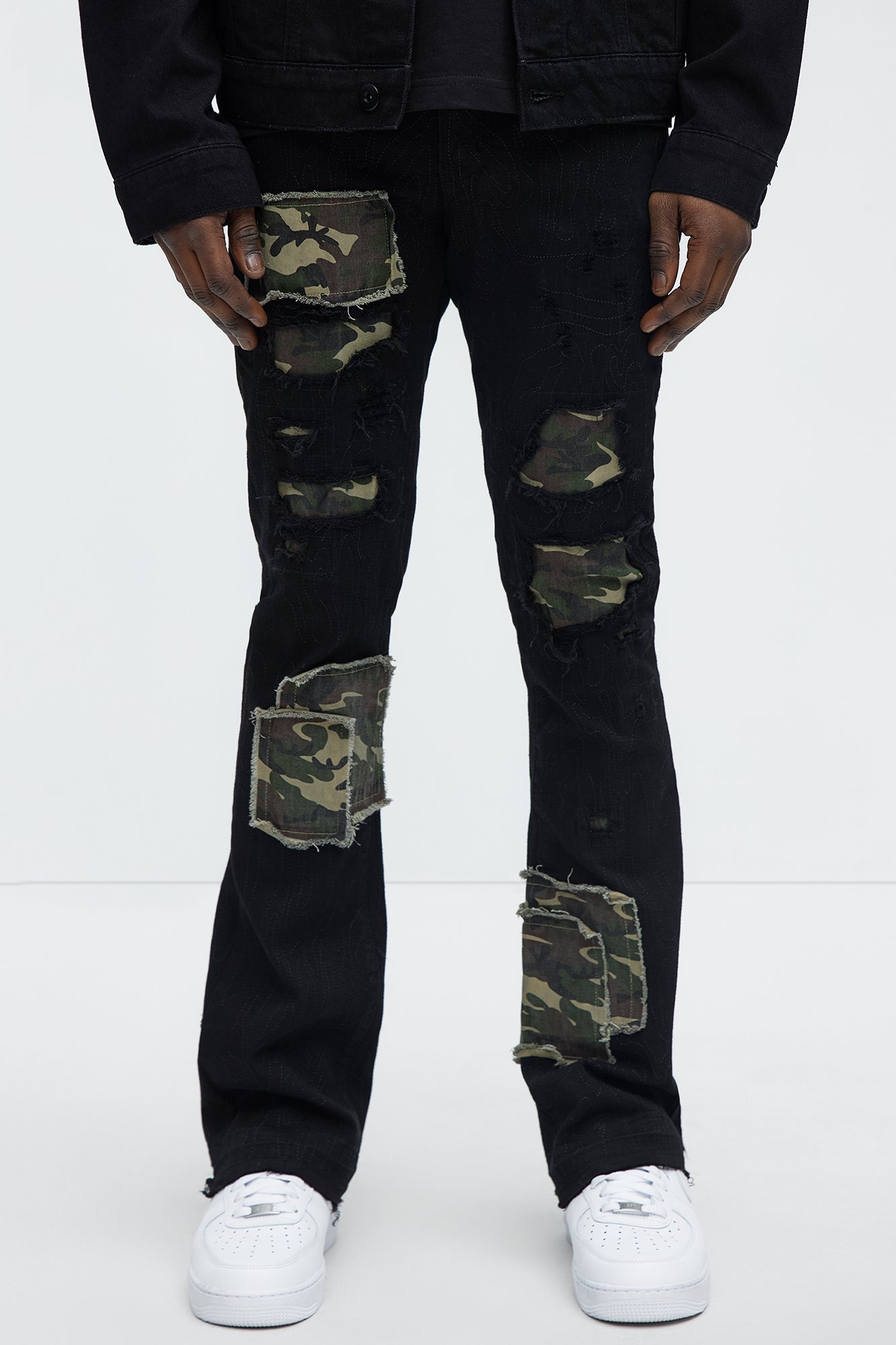 Hint Of Camo Stacked Skinny Flare Jeans - Black