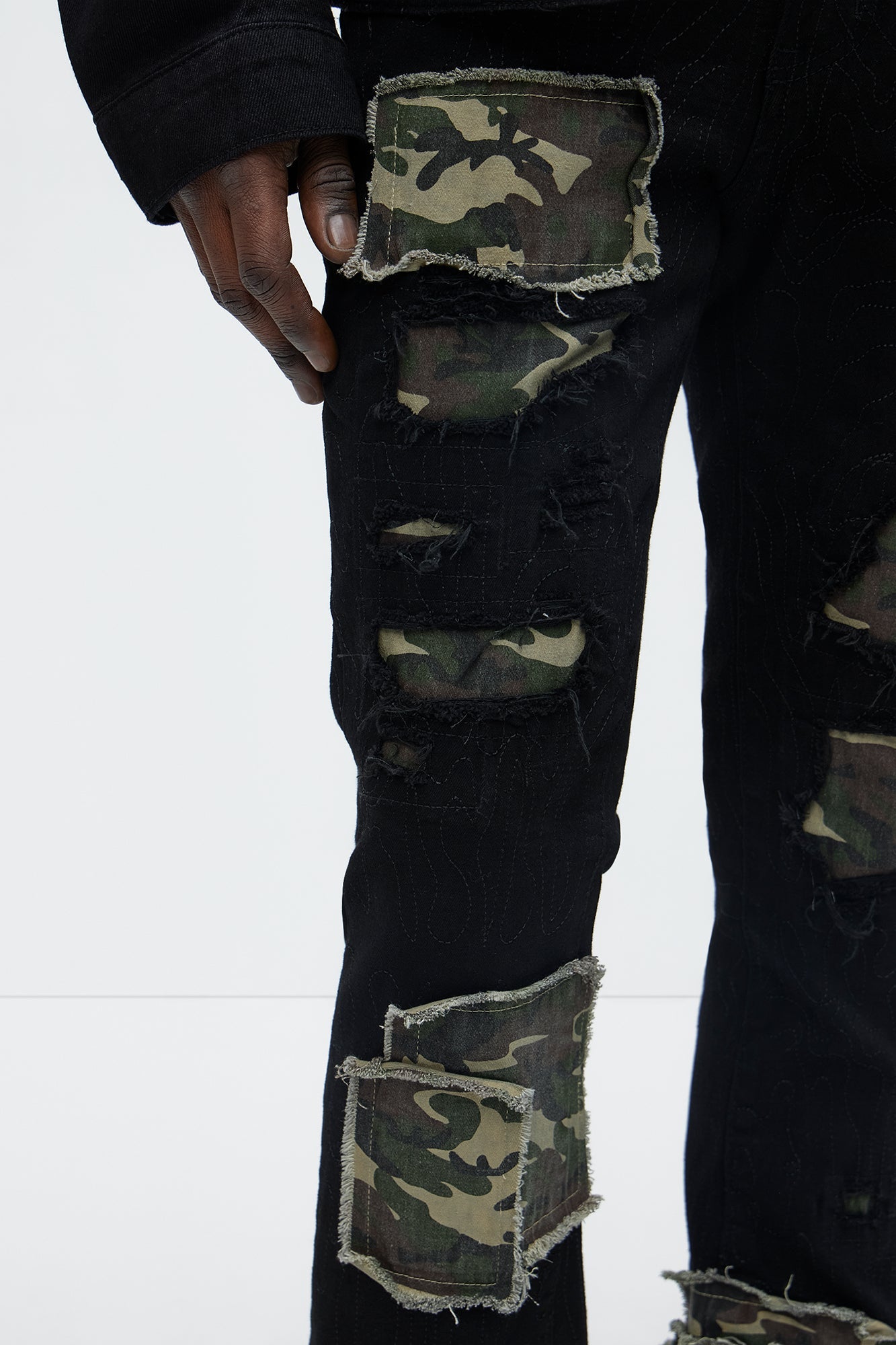 Hint Of Camo Stacked Skinny Flare Jeans - Black