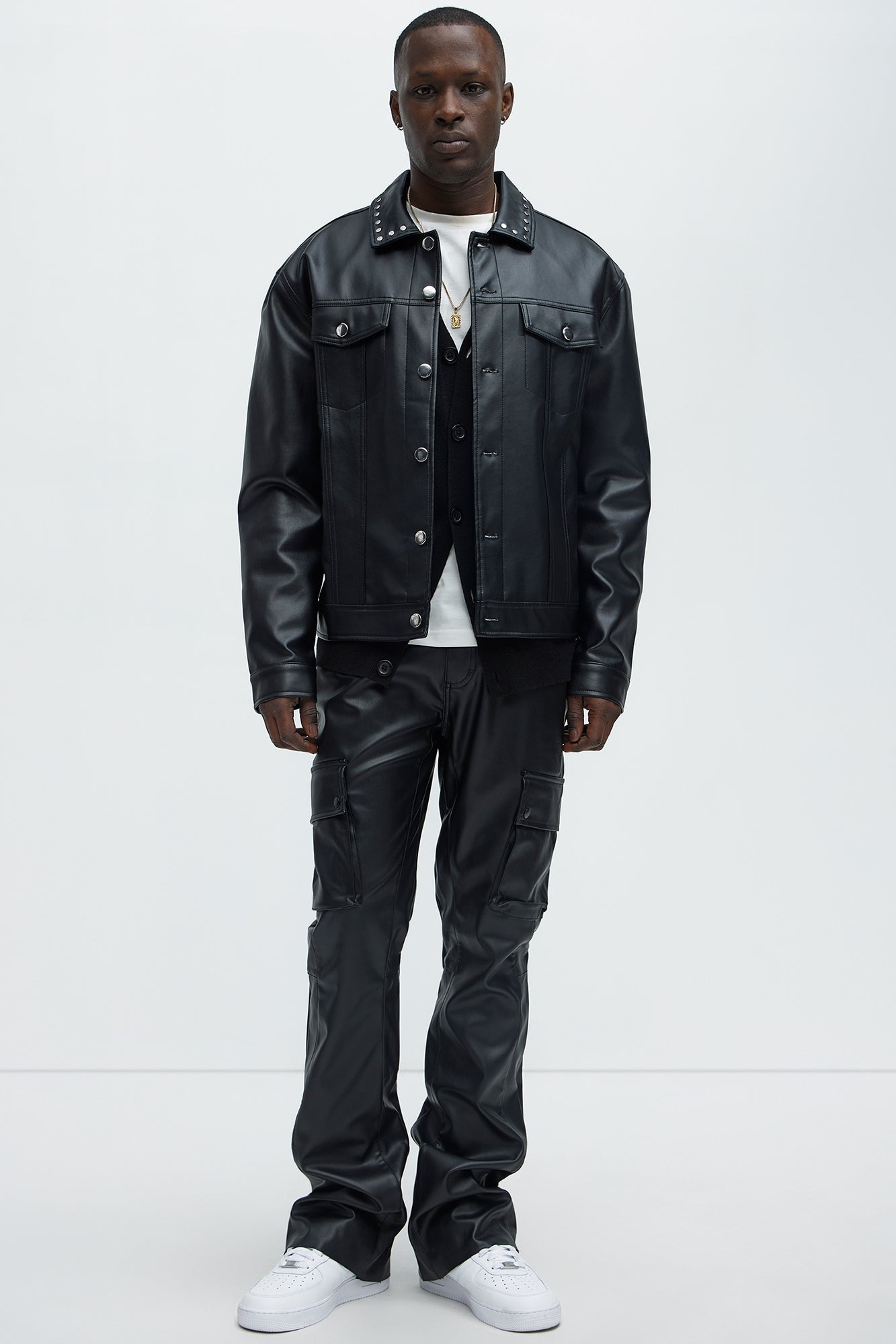 Finest Faux Leather Cargo Slim Flare Pants - Black