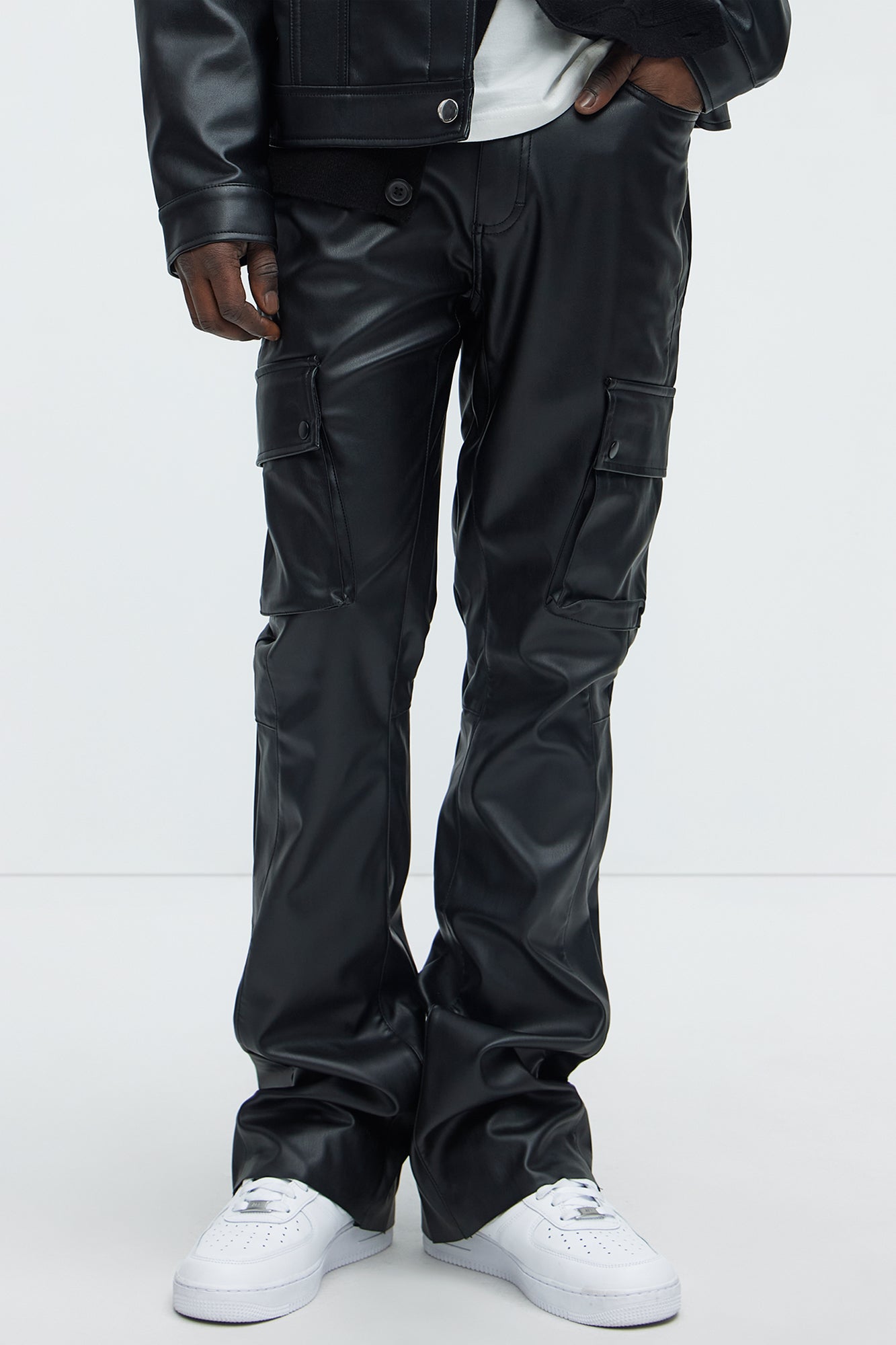 Finest Faux Leather Cargo Slim Flare Pants - Black