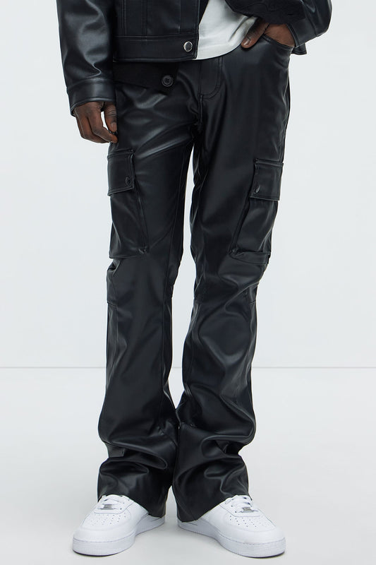 Finest Faux Leather Cargo Slim Flare Pants - Black