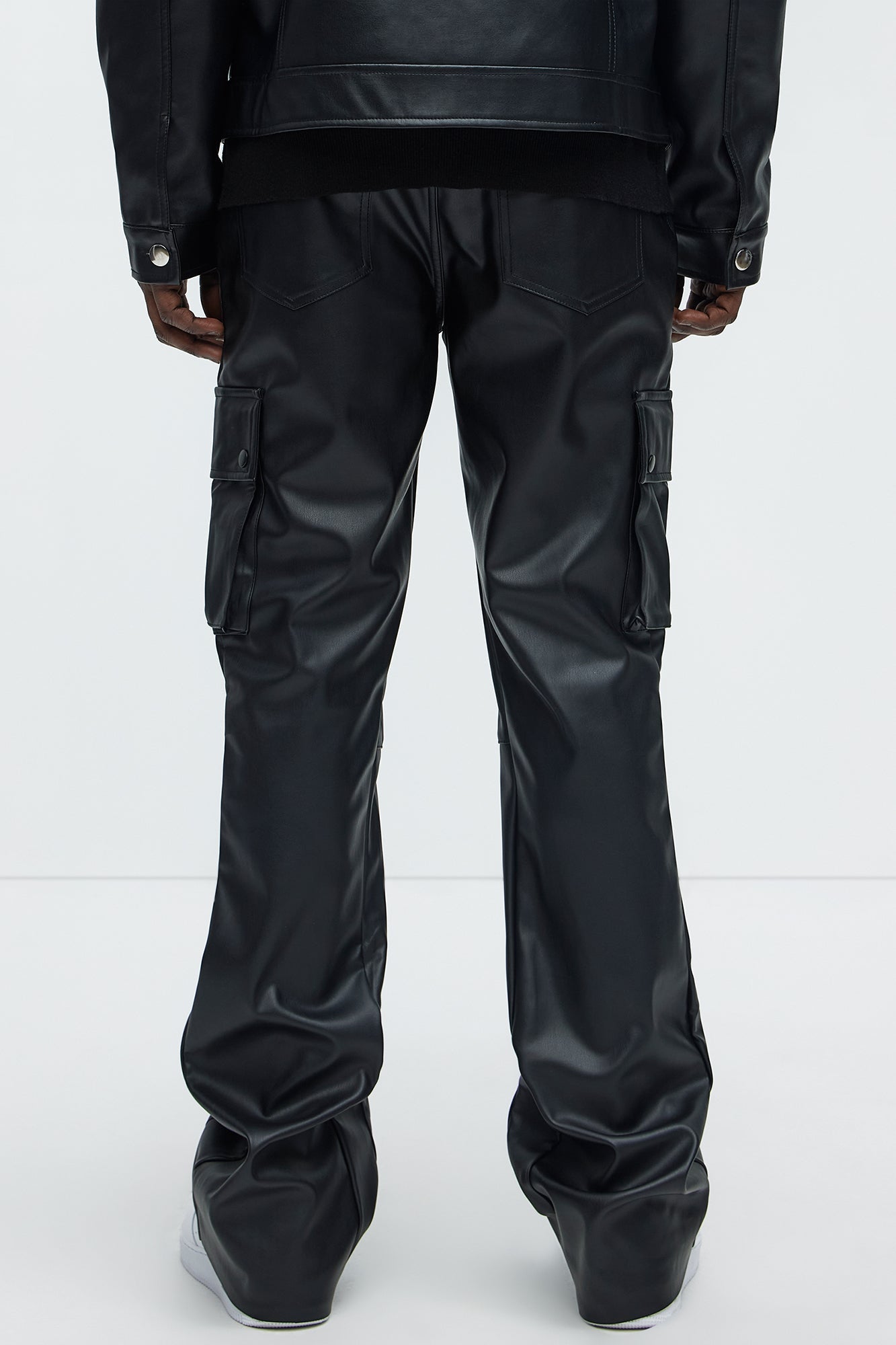 Finest Faux Leather Cargo Slim Flare Pants - Black