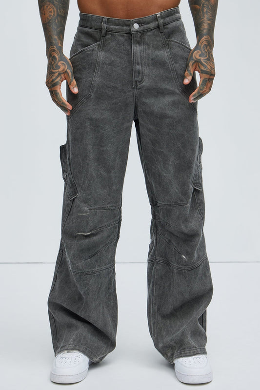 Overdyed Utility Baggy Cargo Pants - Grey
