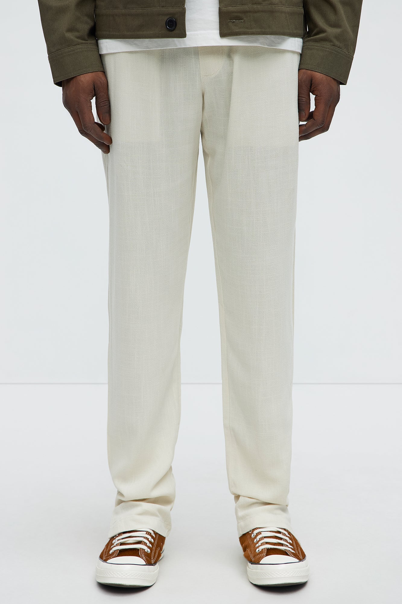 Solid Textured Linen Pull On Side Slit Pants - Cream