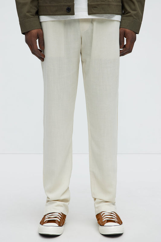 Solid Textured Linen Pull On Side Slit Pants - Cream