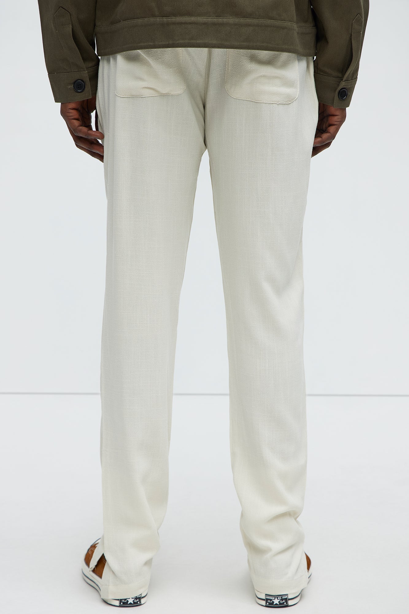 Solid Textured Linen Pull On Side Slit Pants - Cream