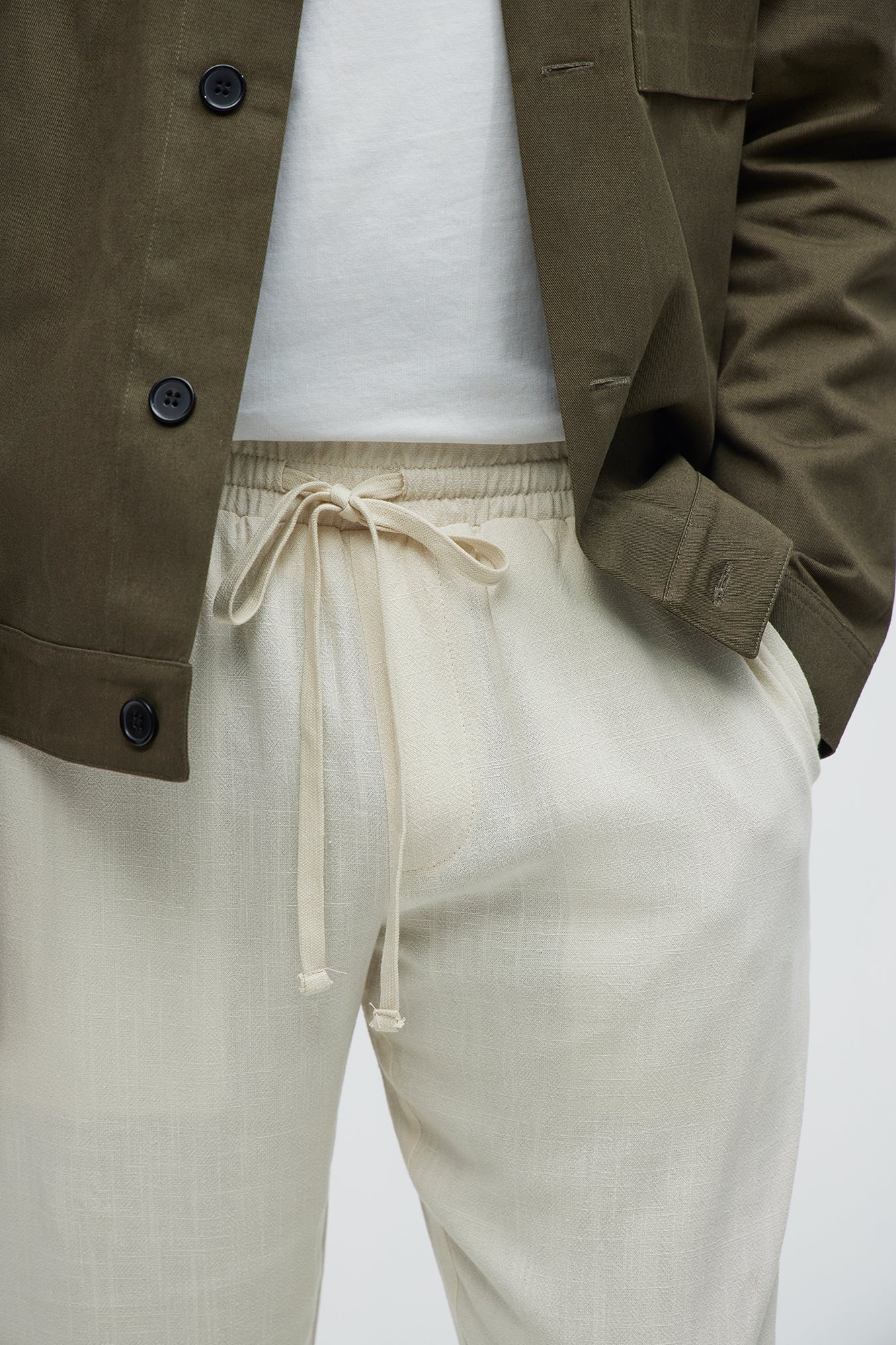 Solid Textured Linen Pull On Side Slit Pants - Cream