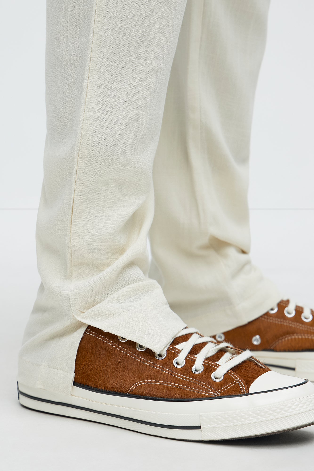 Solid Textured Linen Pull On Side Slit Pants - Cream