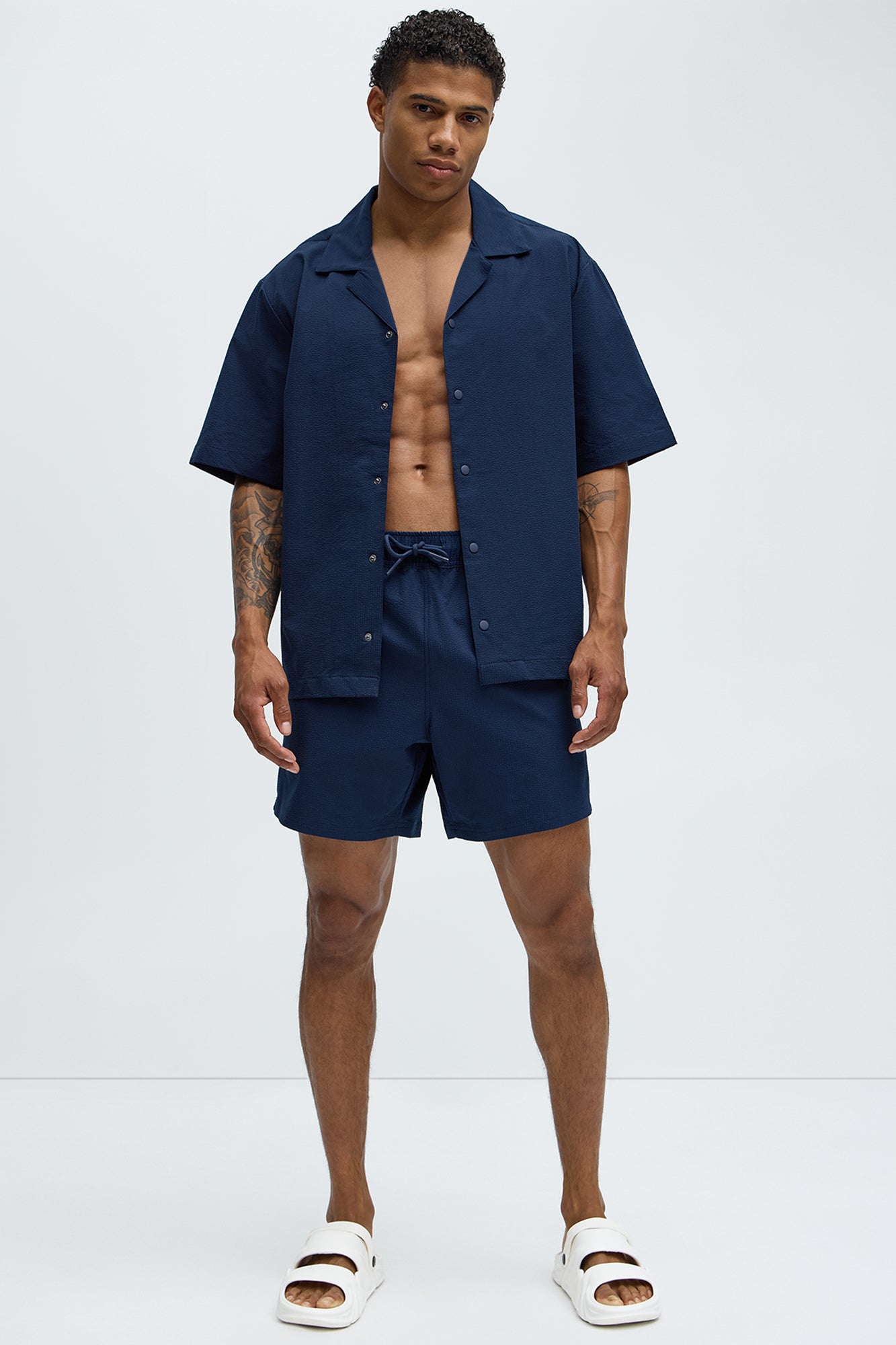Seersucker Swim Mid Trunk - Navy