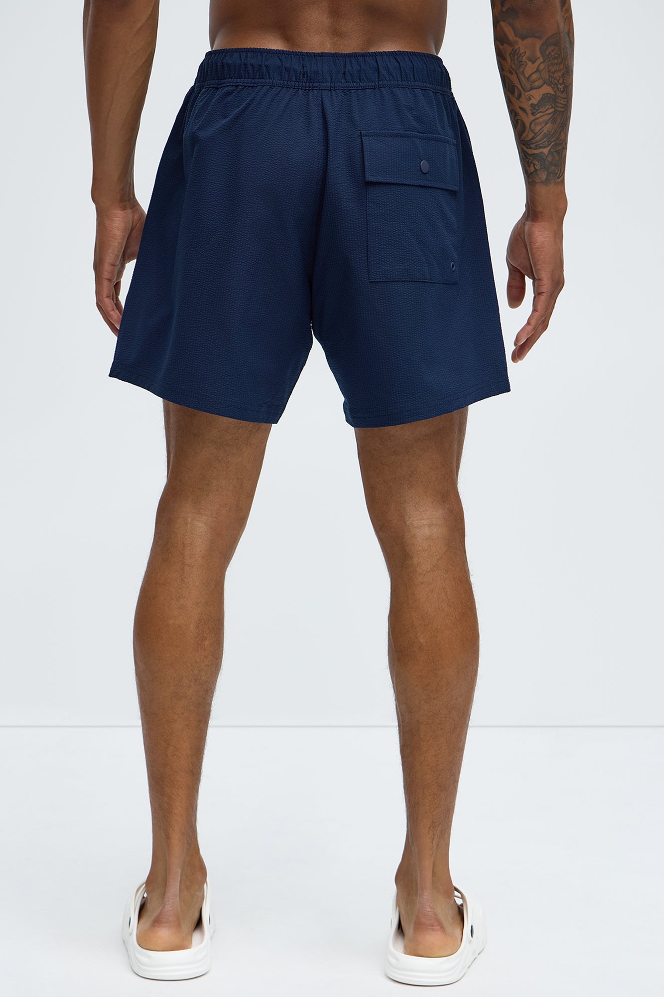Seersucker Swim Mid Trunk - Navy