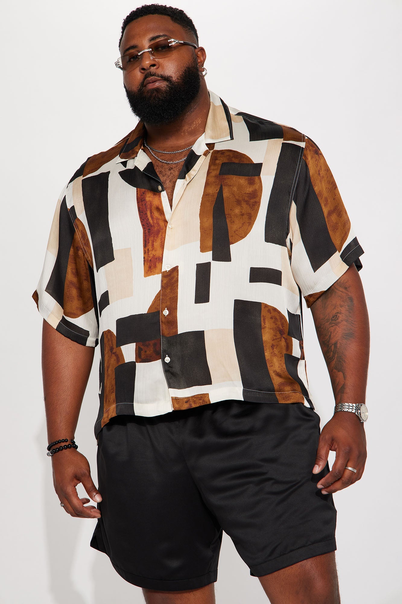 Classic Geometric Short Sleeve Button Up - Off White/combo