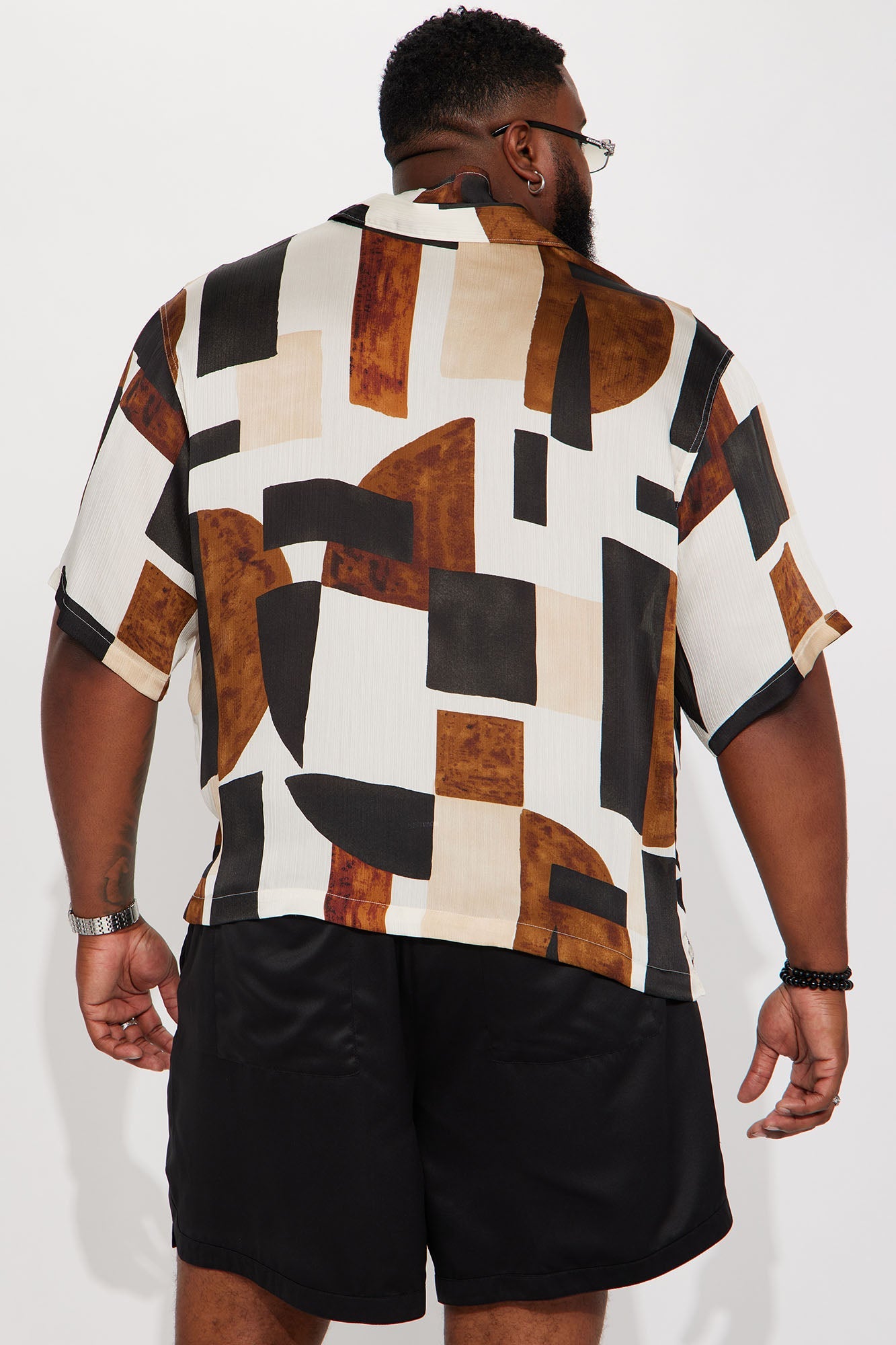 Classic Geometric Short Sleeve Button Up - Off White/combo