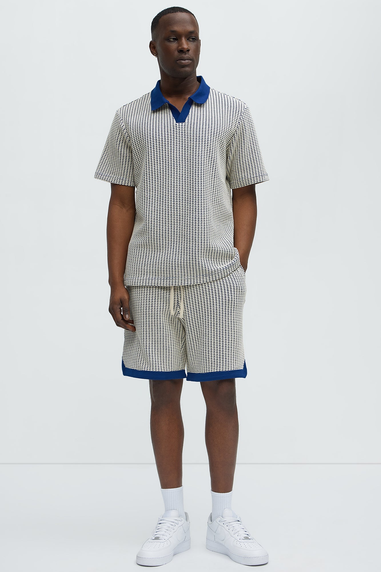 Devin Crochet Contrast Trim Johnny Collar Polo - Blue/combo