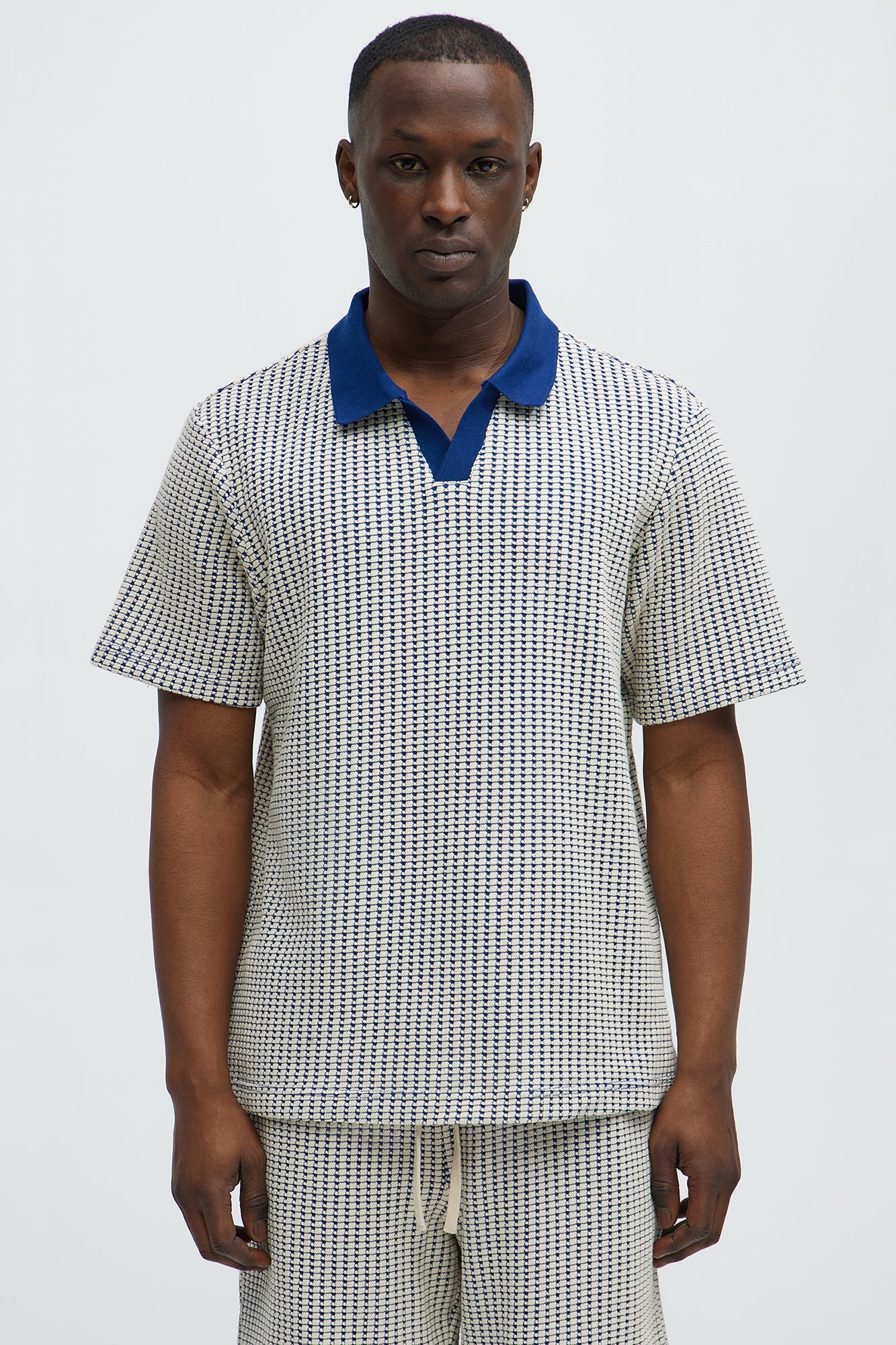 Devin Crochet Contrast Trim Johnny Collar Polo - Blue/combo
