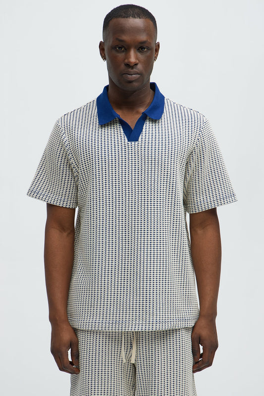 Devin Crochet Contrast Trim Johnny Collar Polo - Blue/combo