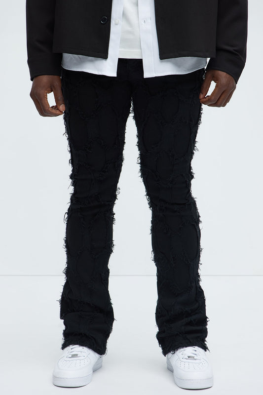 Shredded Distressed Stacked Skinny Flare Jeans - Black