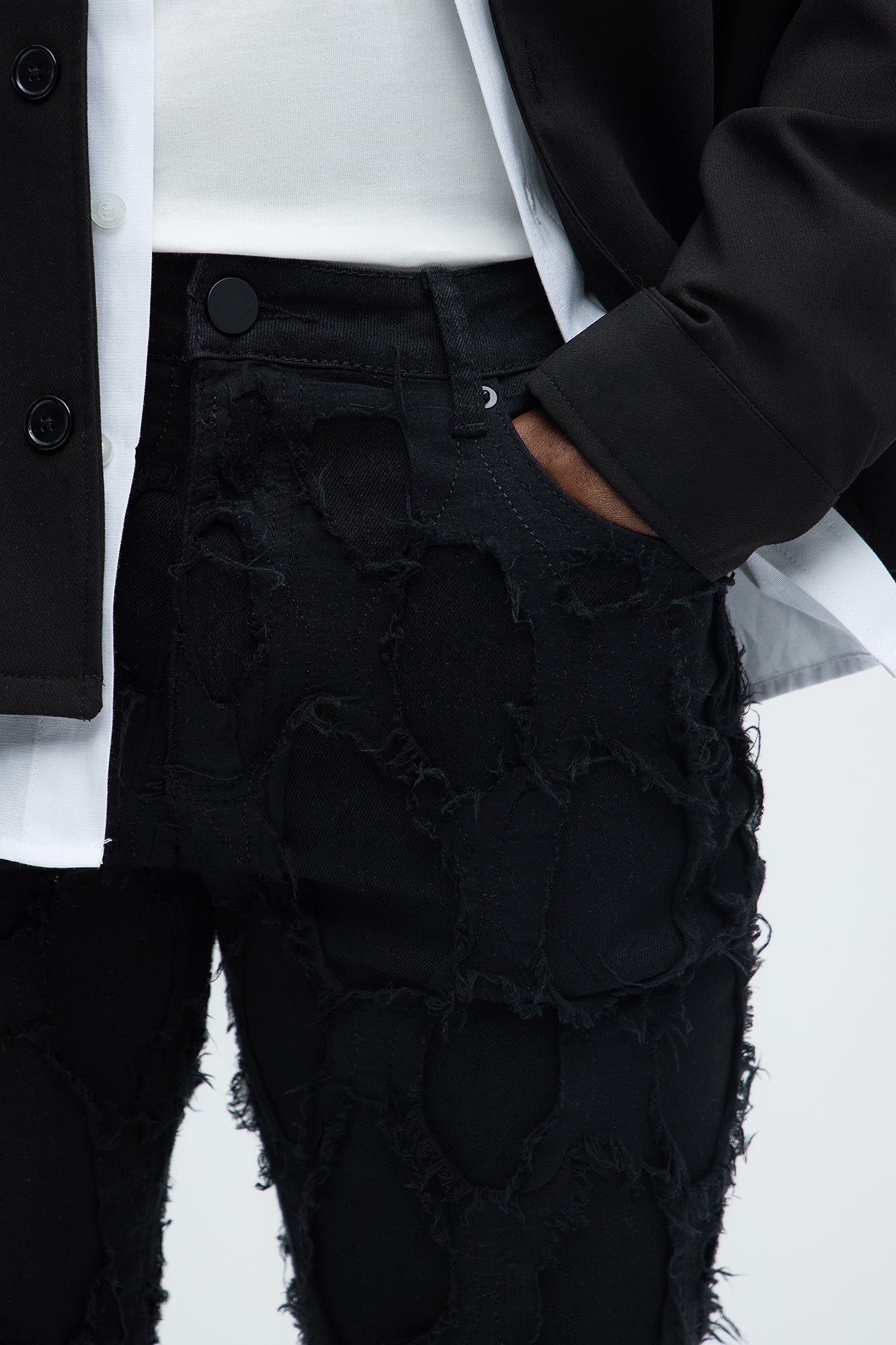 Shredded Distressed Stacked Skinny Flare Jeans - Black