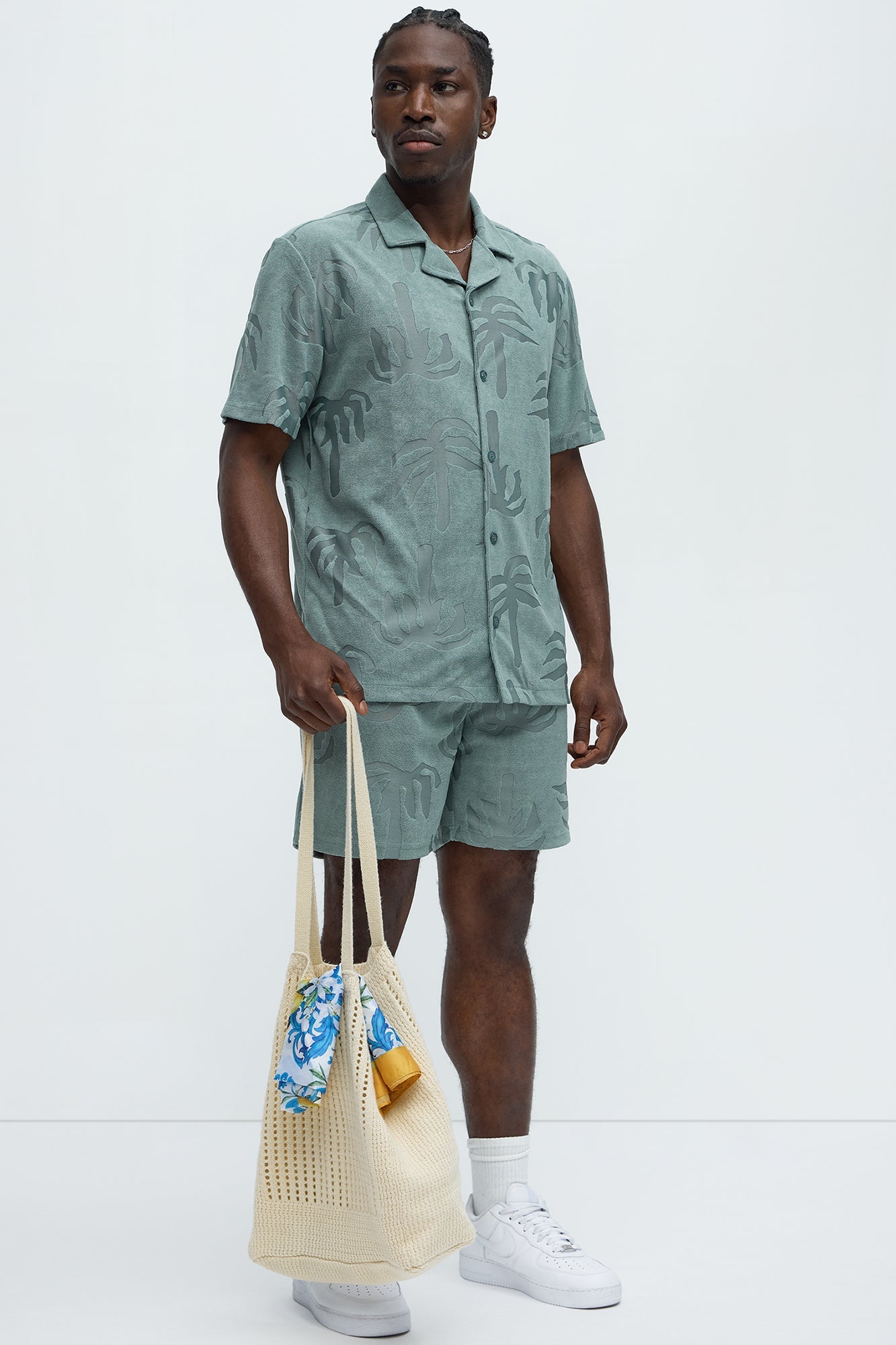 Tropical Trees Jacquard Cuban Button Down Shirts  - Sage