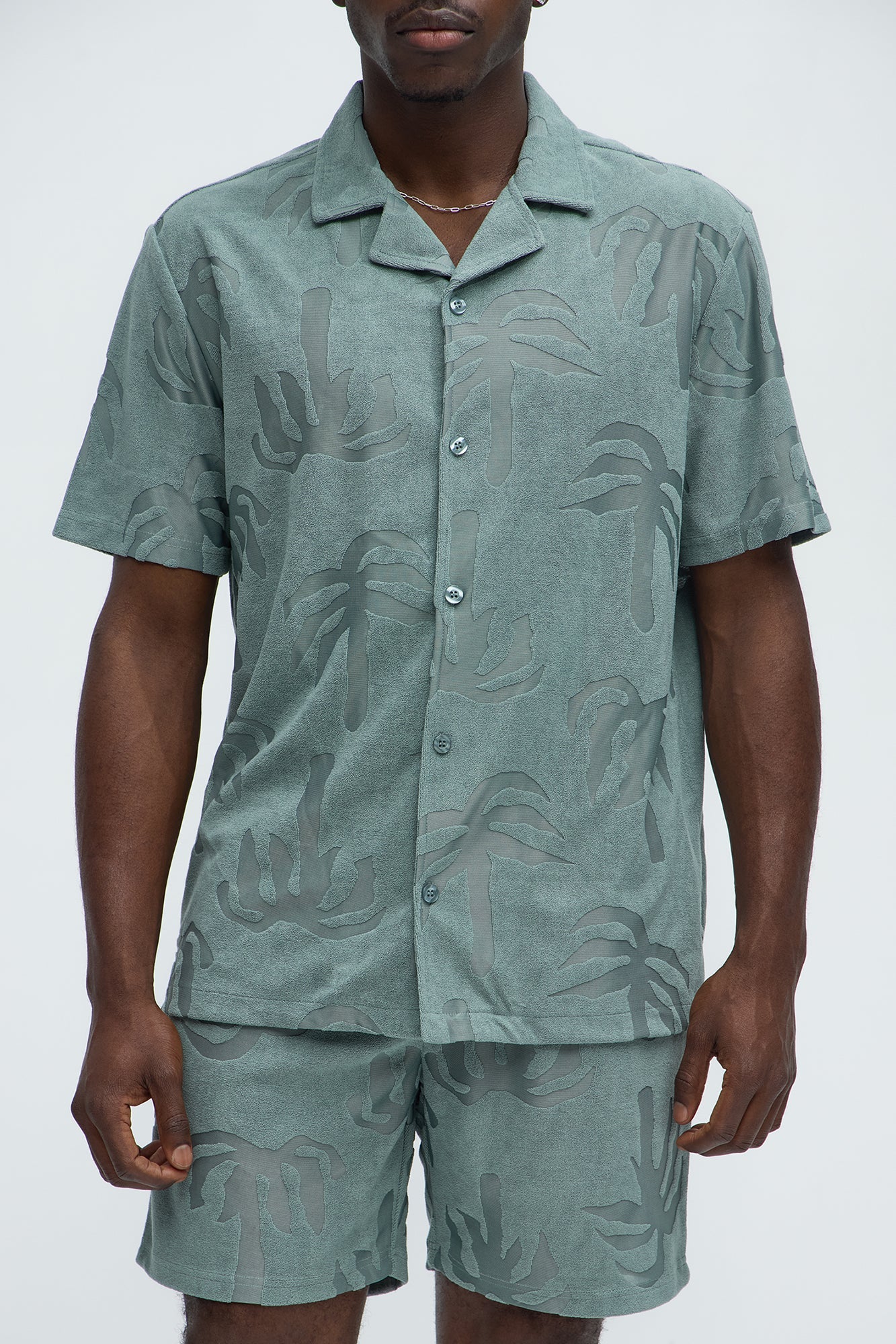 Tropical Trees Jacquard Cuban Button Down Shirts  - Sage