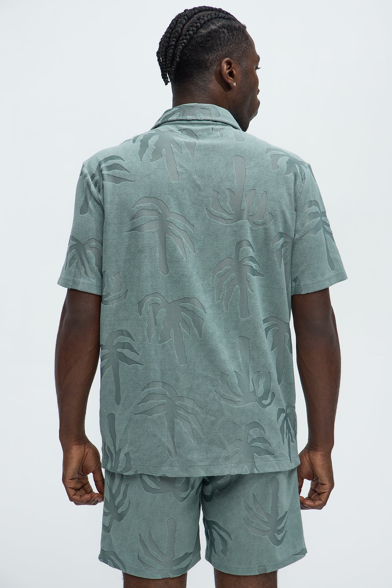 Tropical Trees Jacquard Cuban Button Down Shirts  - Sage