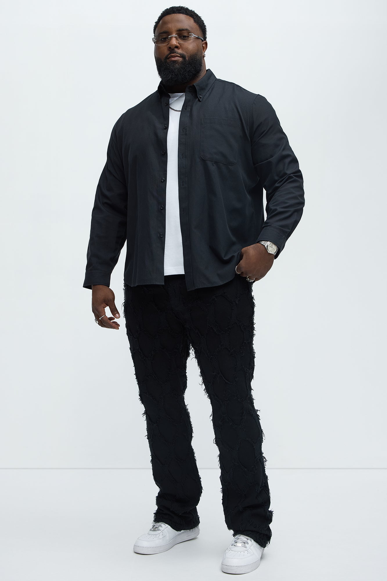 Shredded Distressed Stacked Skinny Flare Jeans - Black