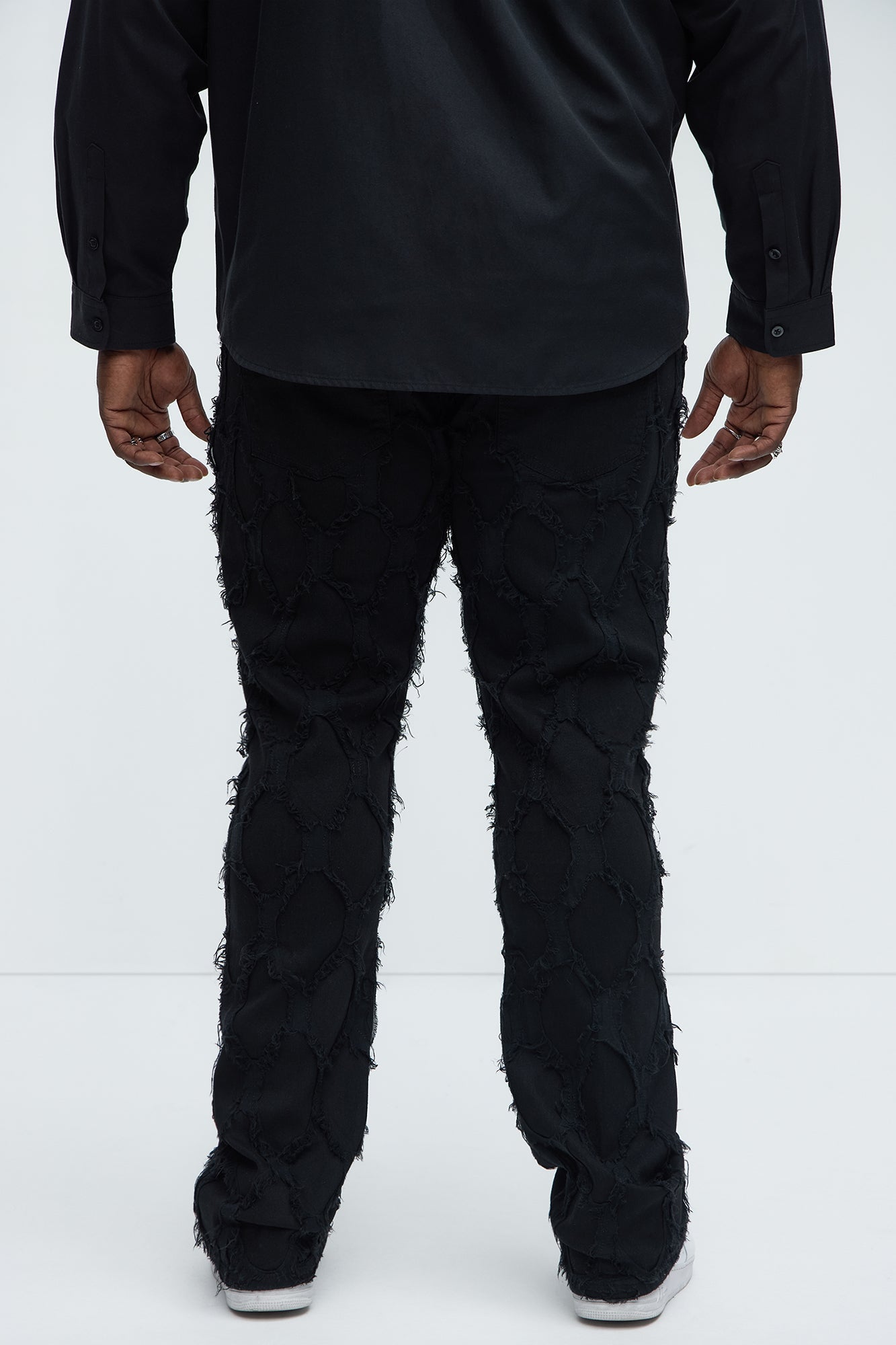 Shredded Distressed Stacked Skinny Flare Jeans - Black