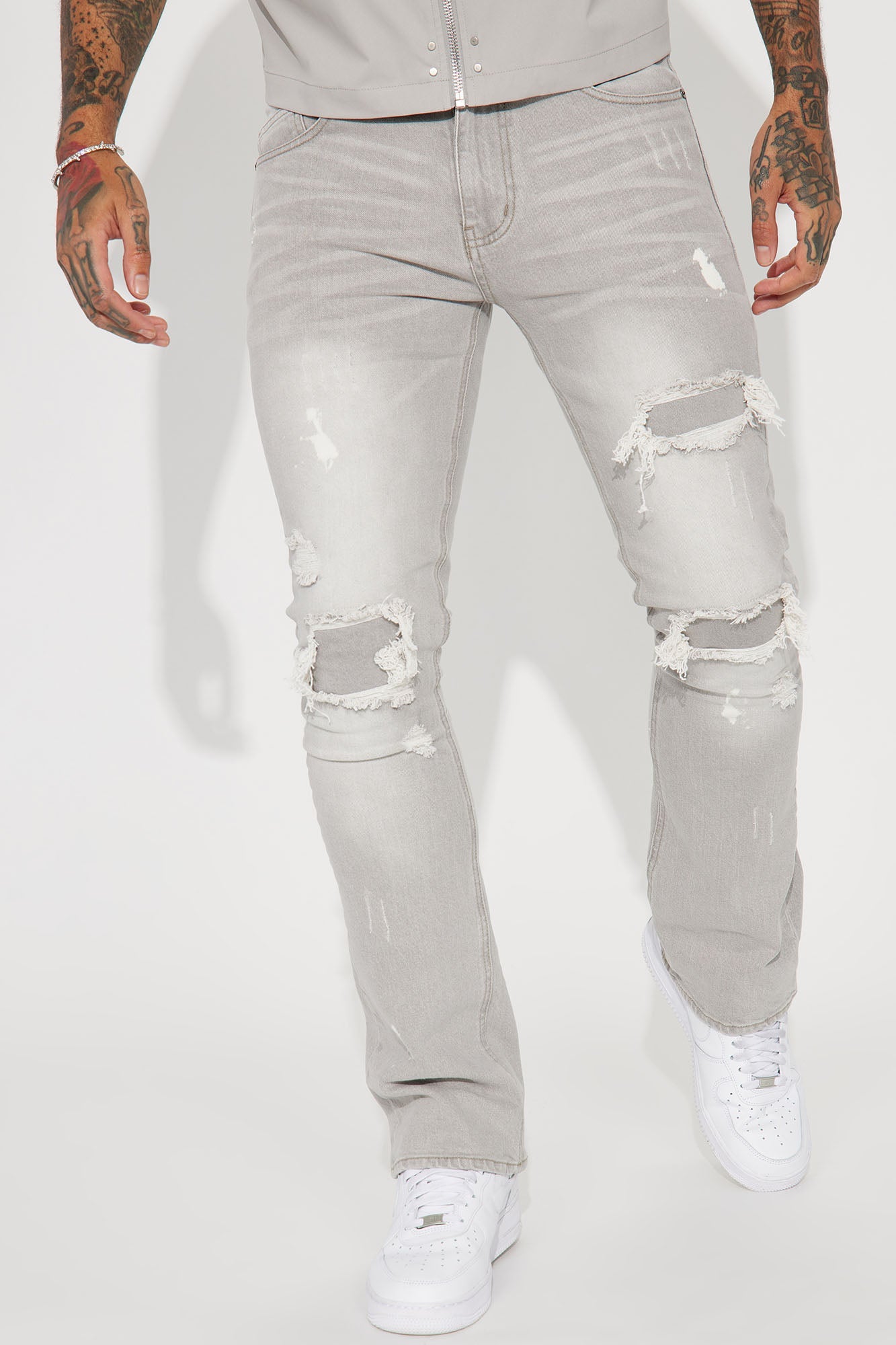 Ripped Stacked Skinny Flare Jeans - Grey