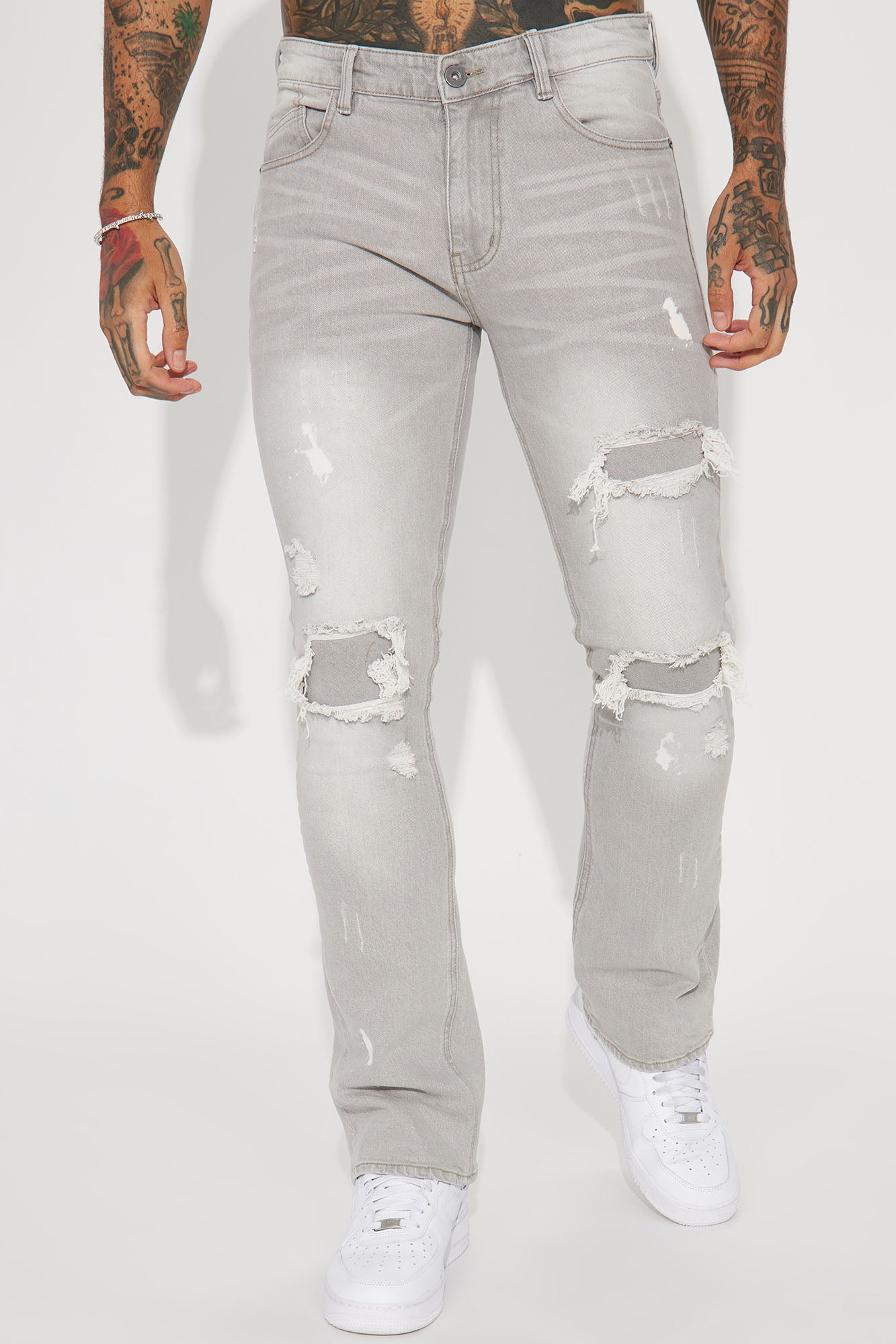 Ripped Stacked Skinny Flare Jeans - Grey
