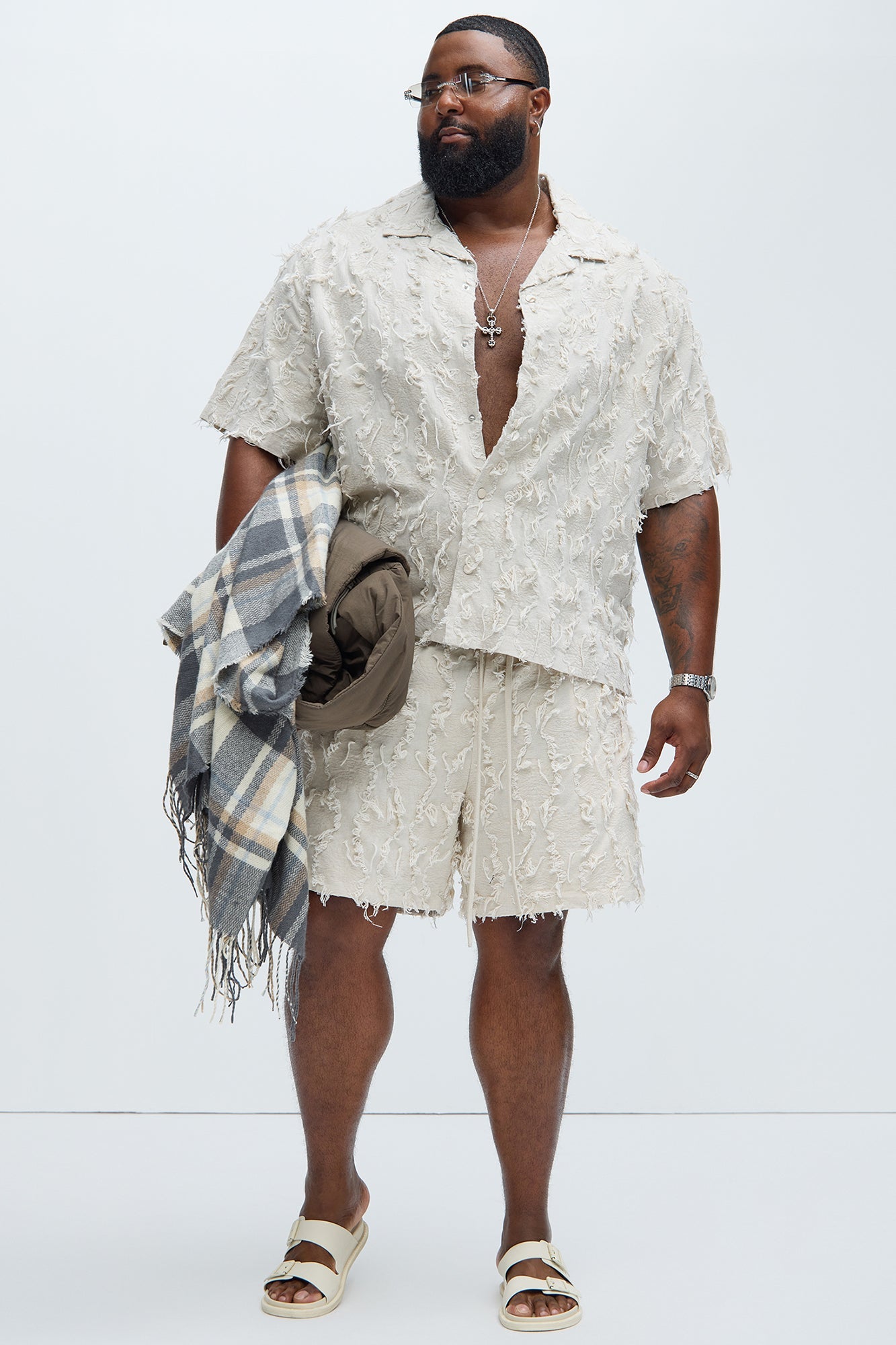 Frayed Jacquard Linen Shirt - Off White