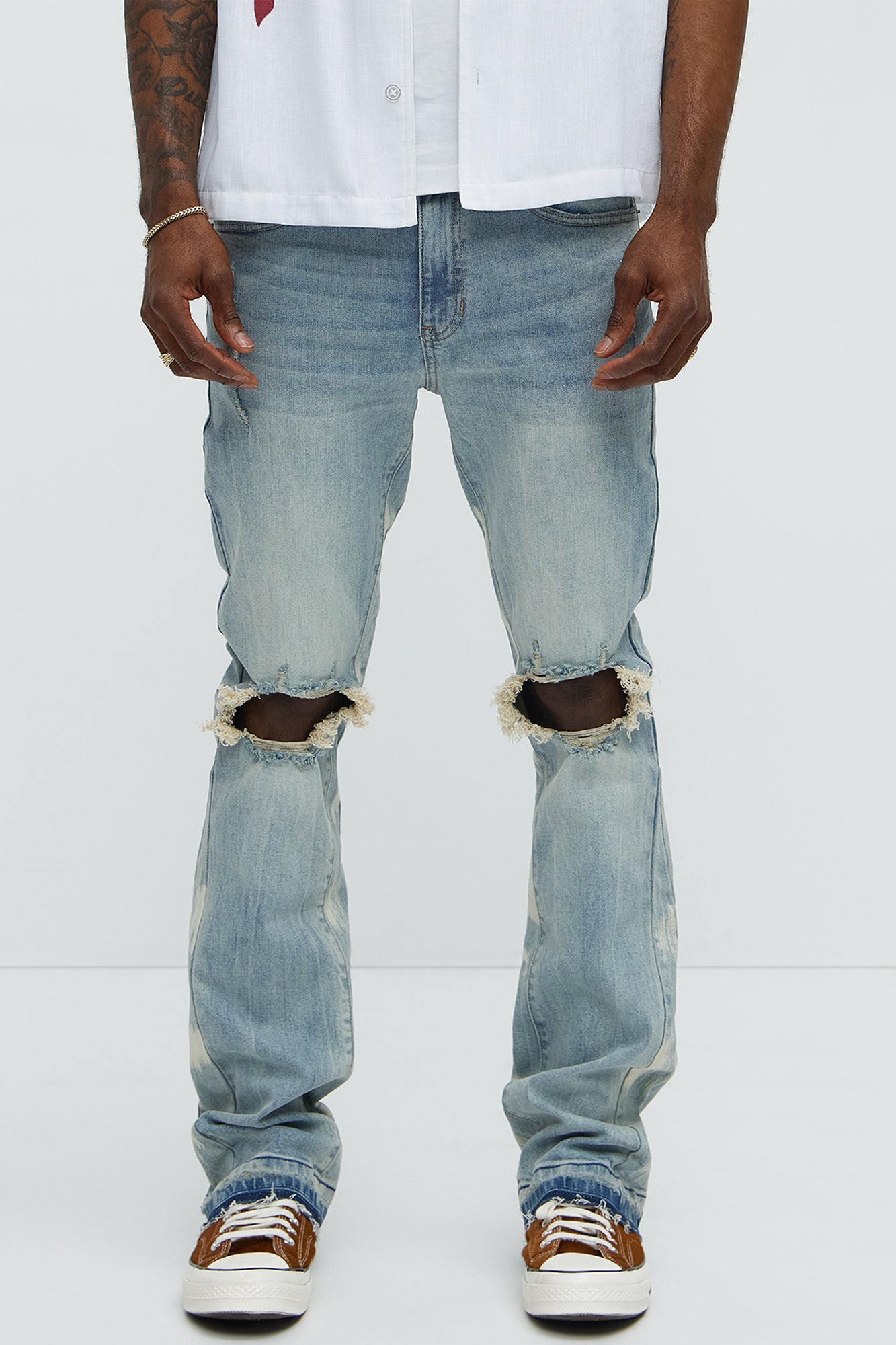 Apex Splotter Ripped Stacked Skinny Flare Jeans - Light Blue Wash