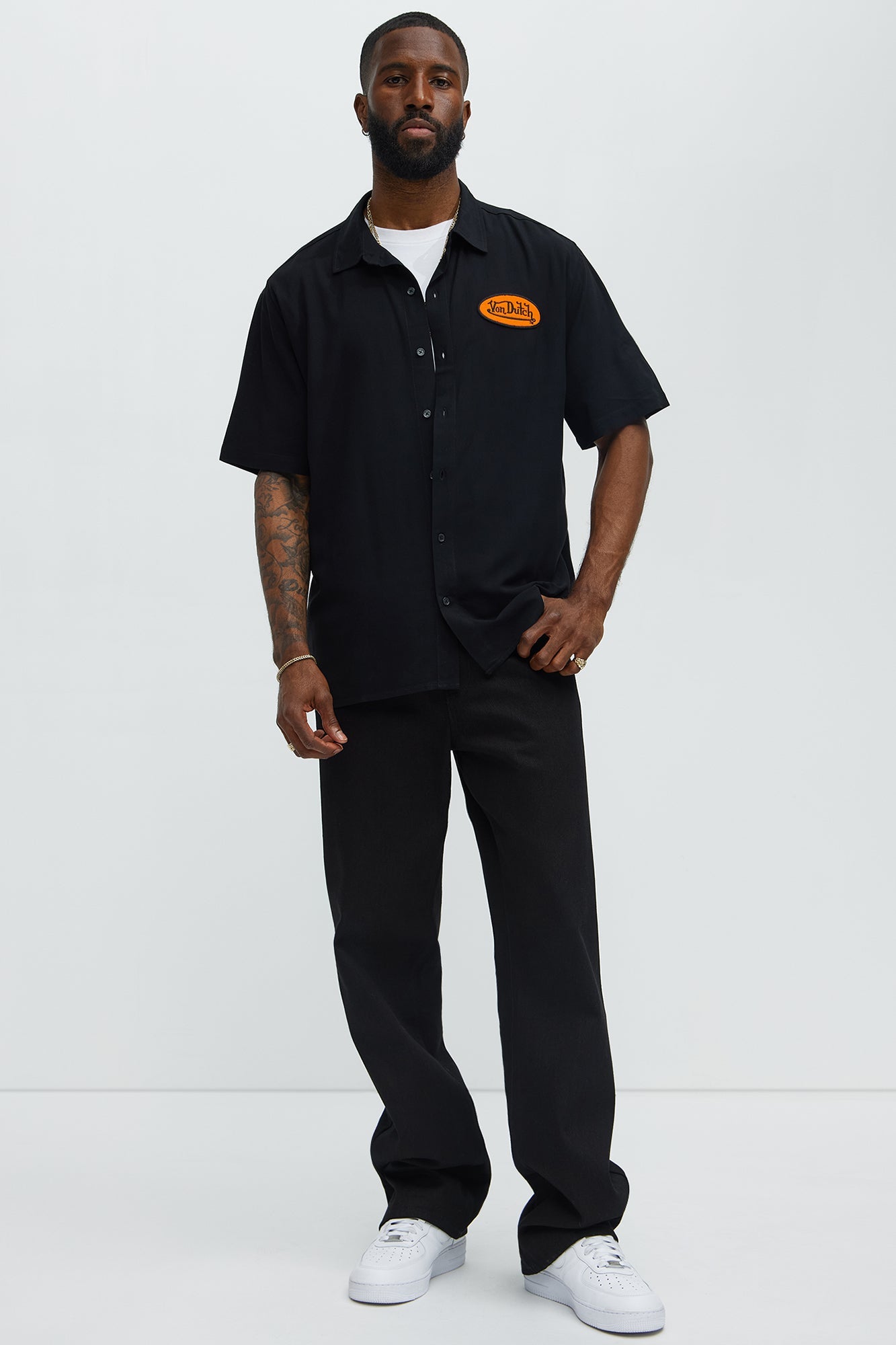 Von Dutch Front And Back Graphic Short Sleeve Button Up Shirt - Black