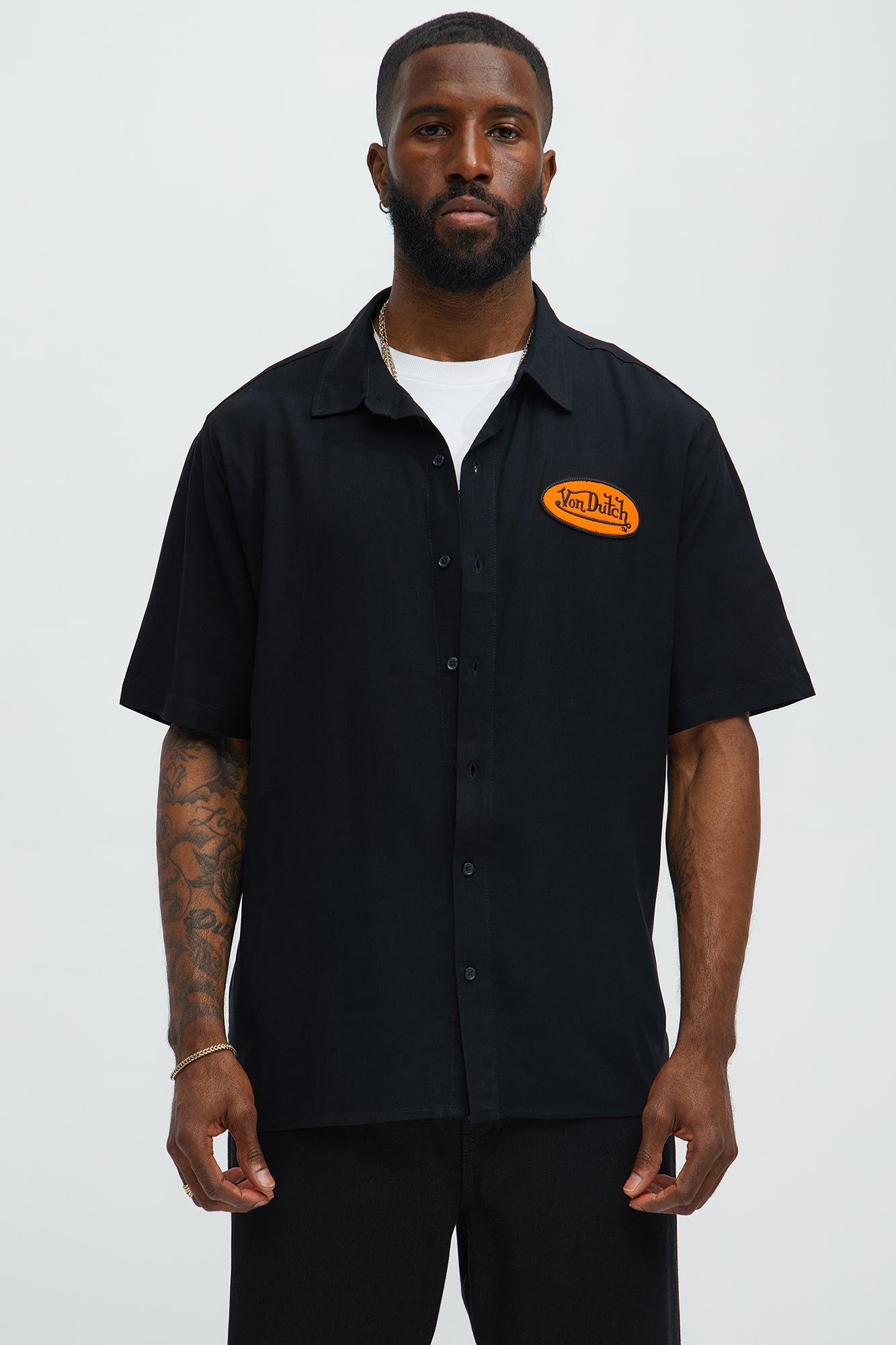 Von Dutch Front And Back Graphic Short Sleeve Button Up Shirt - Black