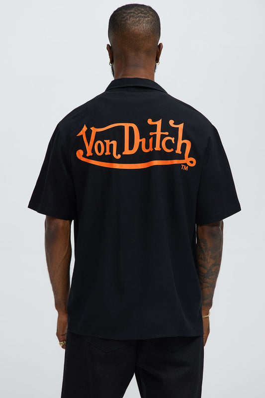 Von Dutch Front And Back Graphic Short Sleeve Button Up Shirt - Black